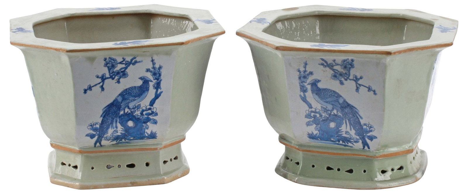 (2) CHINESE BLUE & WHITE PORCELAIN OCTAGONAL PLANTERS: (pair) Chinese porcelain blue and white porcelain planters/ jardinieres, decorated with pheasants among flowering branches, raised on pierced bases, approx 9.5"h, 13.5"w, 13.5"d, 26lbs