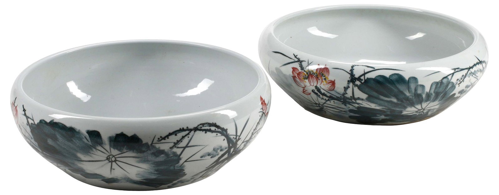 (2) CHINESE PORCELAIN SHALLOW PLANTER BOWLS, 23"DIAM: (lot of 2) Chinese porcelain shallow planters, a near pair, each with foliate motifs and flowers on white ground, approx 8"h, 23"diam, 94lbs total