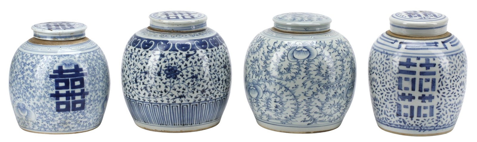 (4) CHINESE BLUE & WHITE PORCELAIN COVERED GINGER JARS: (lot of 4) Chinese blue and white porcelain ginger jars with covers, varied styles, with floral medallions and Shuangxi (double happiness) symbols on scrolling foliate ground, largest: approx