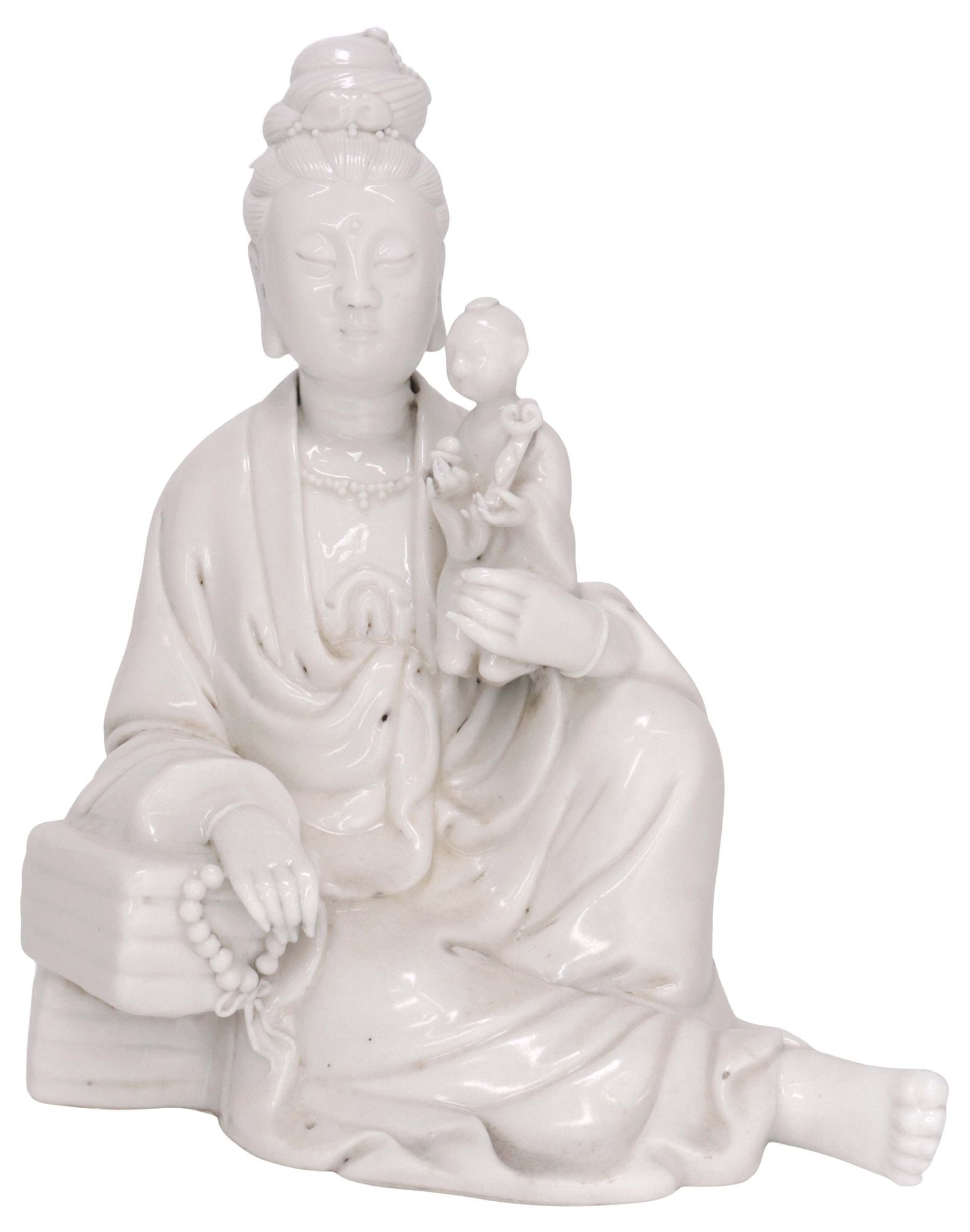 CHINESE 'BLANC DE CHINE' DEHUA PORCELAIN FIGURE, GUANYIN WITH CHILD: Chinese "Blanc de Chine" porcelain cabinet figure, Guanyin Seated with Child, Dehua gourd mark and multi-character seal at back, approx 10.5"h, 5.25"w, 4.5"d, 3lbs **Provenance: Dallas, Texas: When