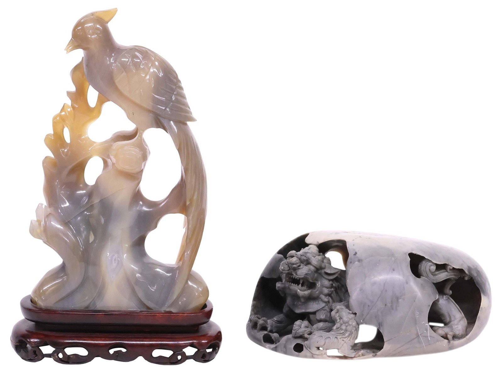 (2) CHINESE CARVED AGATE & HARDSTONE SCULPTURES, PHEASANT & FOO LIONS (1 of 5)