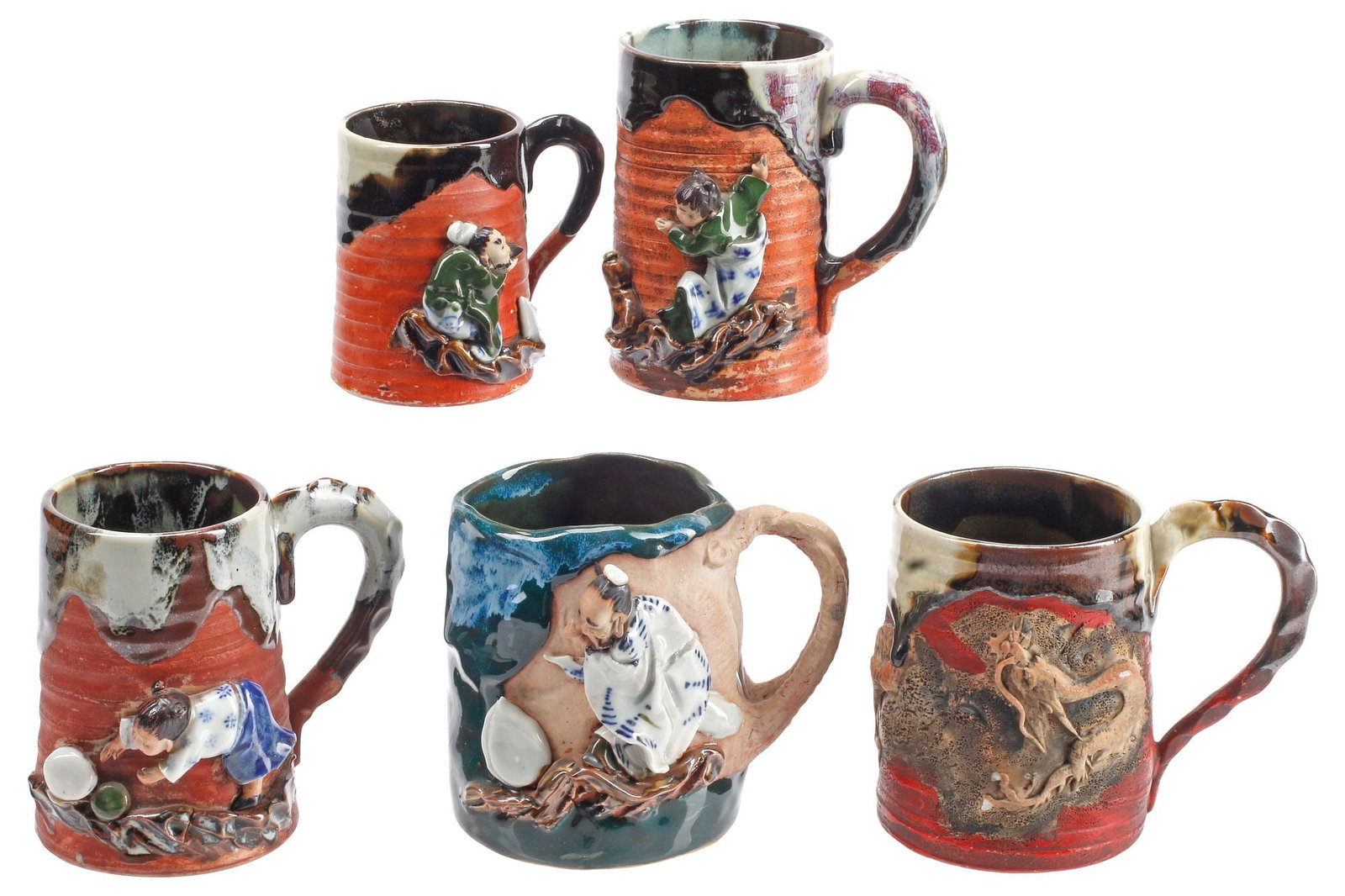 (5) JAPANESE SUMIDA GAWA EARTHENWARE CUPS / MUGS (1 of 6)