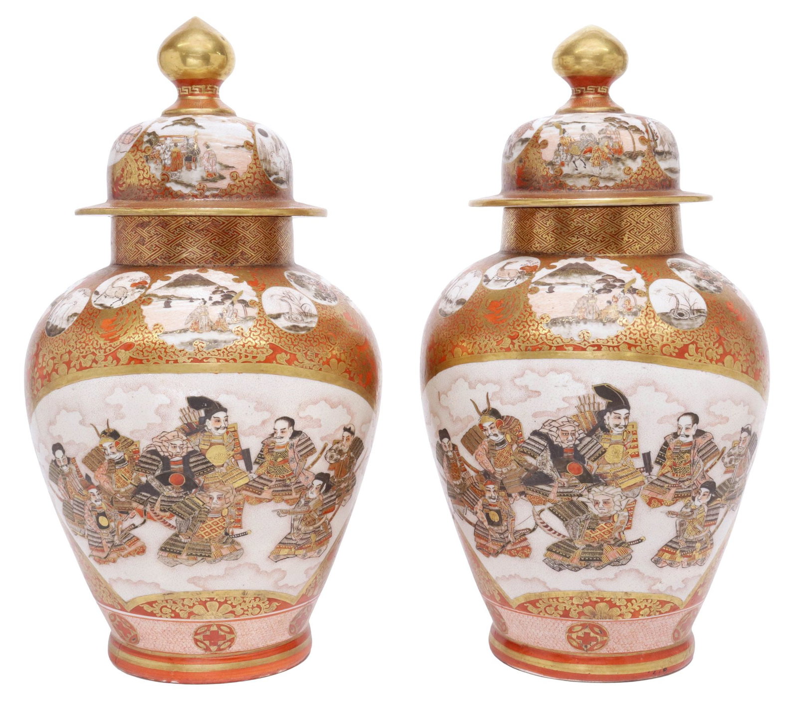 (2) JAPANESE SATSUMA PARCEL-GILT 'ZODIAC' VASES & COVERS: (pair) Japanese Satsuma earthenware vases and covers, domed covers and tapered bodies with kannyu crackle glaze ground, parcel-gilt red painted accents, with medallions featuring Zodiac animals,