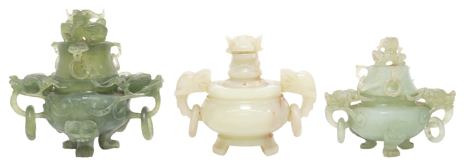 (3) CHINESE CARVED GREEN HARDSTONE COVERED CENSERS: (lot of 3) Chinese carved green hardstone censers/ incense burners and covers, including: (2) with dragon-form finials, and pair of dragon mask handles with captured rings, on tripodal paw feet,