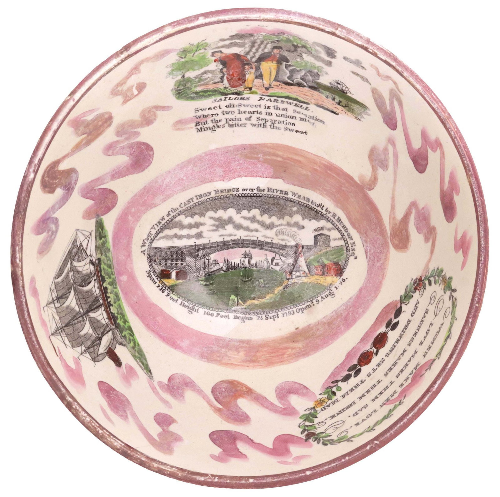 SCOTT'S POTTERY SUNDERLAND LUSTER-GLAZED TRANSFERWARE BOWL: Sunderland lusterware footed bowl, Scott's Southwick Pottery, England, 19th c., in a pink luster glaze, the basin having transferred polychrome Cast Iron Bridge vignette at center, framed by nautical