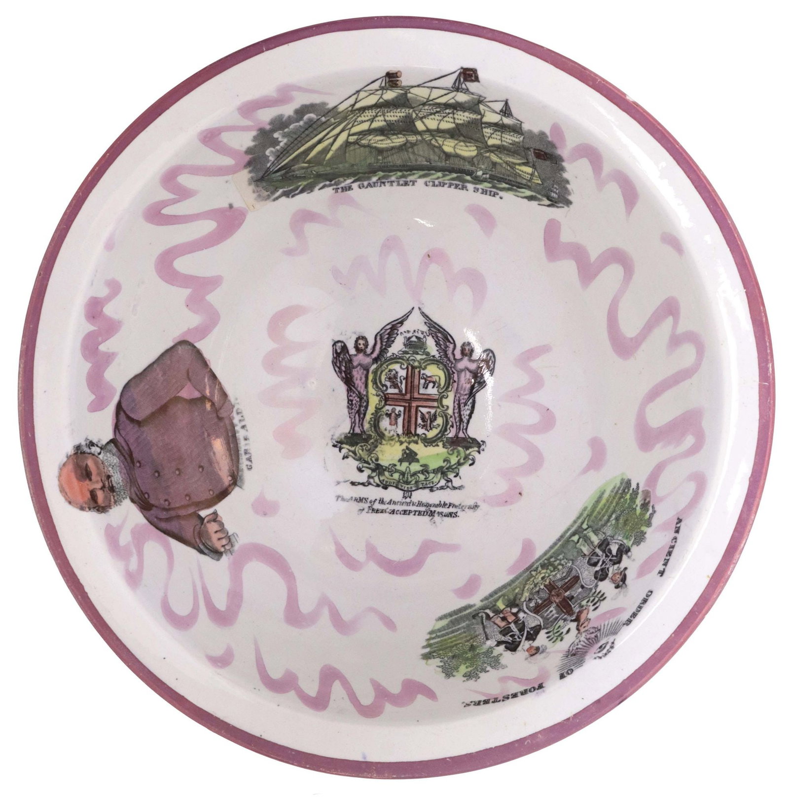 SCOTT'S POTTERY SUNDERLAND LUSTER-GLAZED TRANSFERWARE BOWL: Sunderland lusterware footed bowl, Scott's Southwick Pottery, England, 19th c., in a pink luster glaze, having flat flared rim, the basin with transferred polychrome armorial crest at center, framed