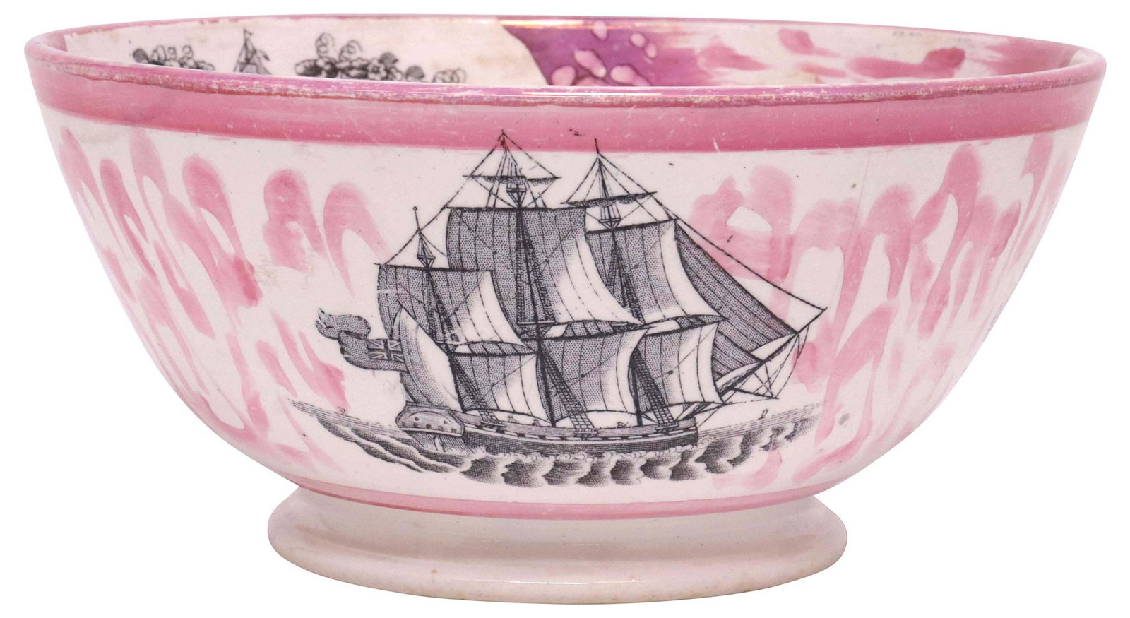 SUNDERLAND LUSTER-GLAZED TRANSFERWARE CENTERPIECE BOWL: Sunderland lusterware footed bowl, in a pink luster glaze, 19th c., having transferred poetry inscriptions in cartouches, titled "Forget Me Not," and ship imagery, numbered 89.00.259 underfoot,