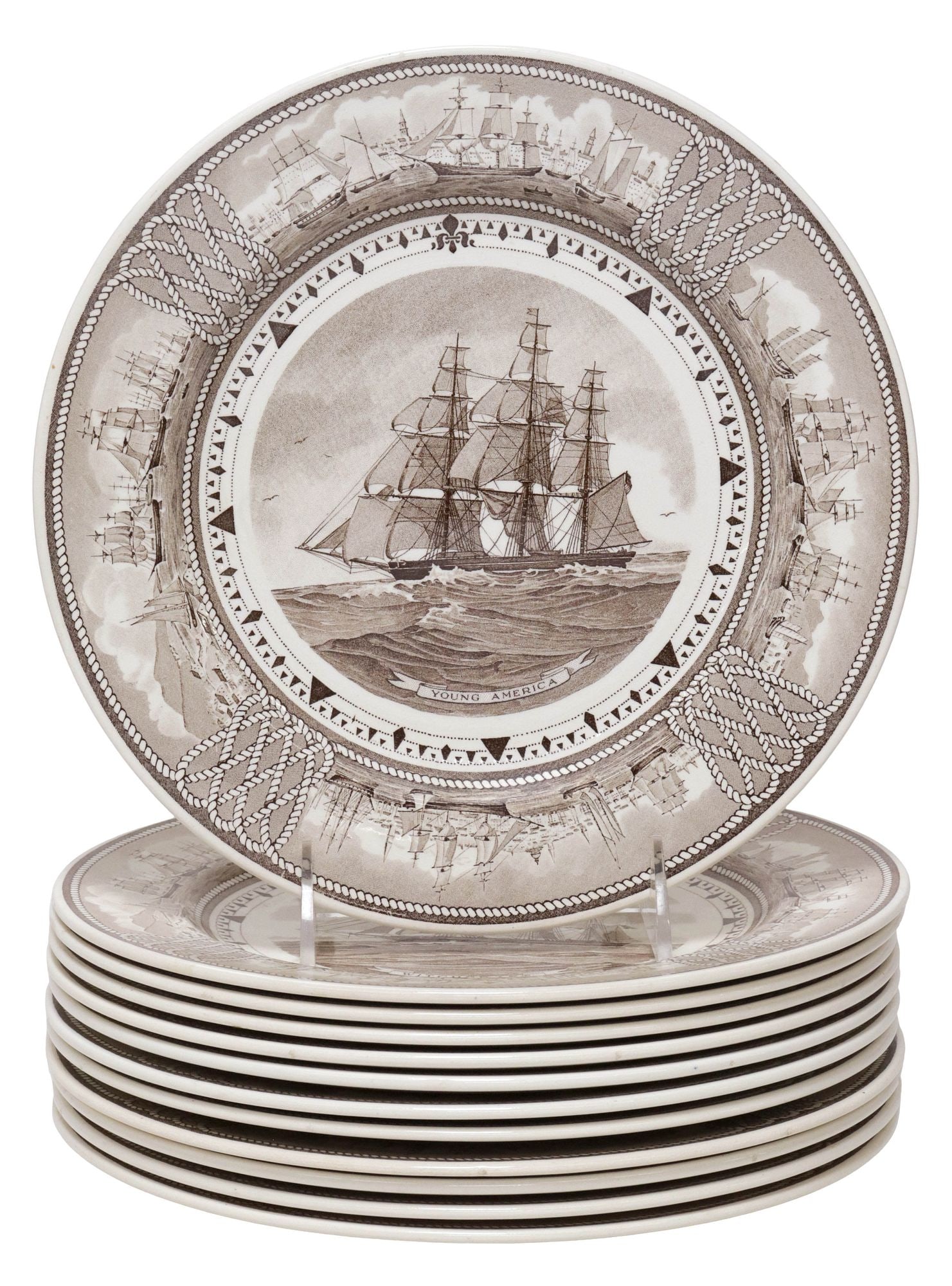 (12) WEDGWOOD 'AMERICAN CLIPPER SHIP' CHINA PLATES: (lot of 12) Wedgwood china plates, in the "American Clipper Ship" pattern, each with rope trim, surrounding transfer of an identified sailing vessel, marker's mark and individual