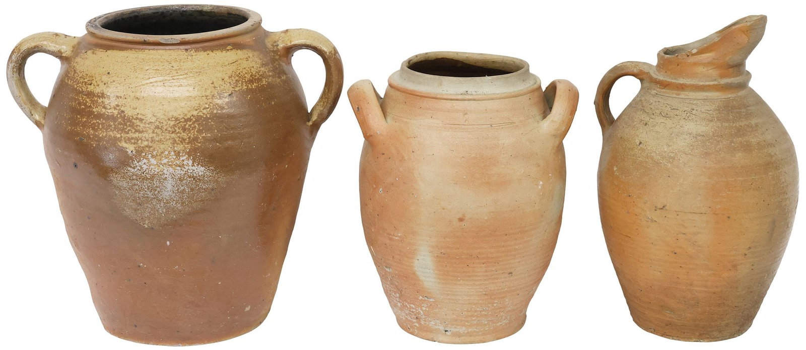 (3) FRENCH PROVINCIAL STONEWARE VESSELS, CROCKS & PITCHER: (lot of 3) French Provincial stoneware vessels, including: (2) crocks or jars, each having dual rolled handles, (1) pitcher, with pinched rim for pouring, largest: approx 14"h, 14.5"w, 11"d, 27lbs