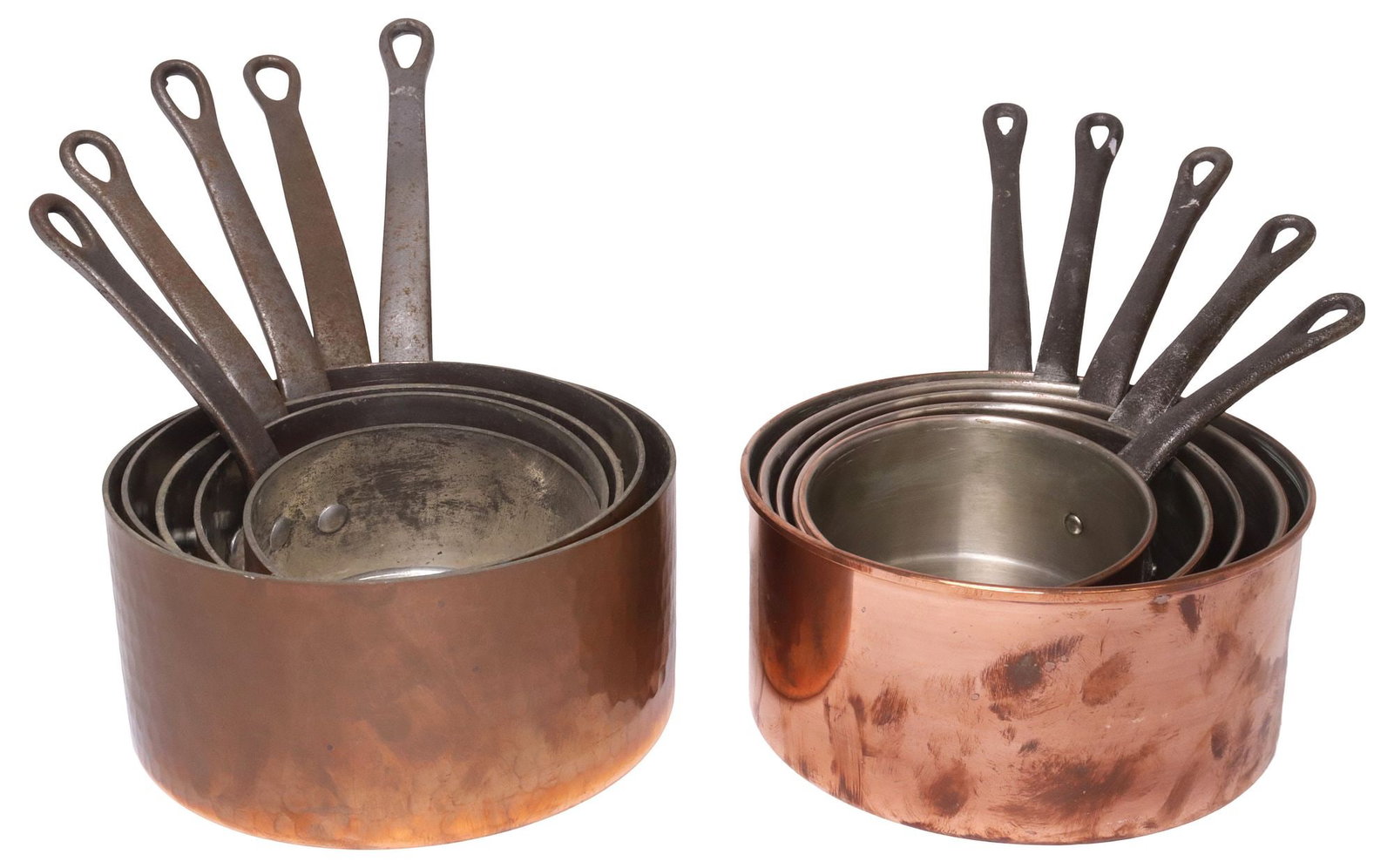 (10) FRENCH GRADUATED COPPER SAUCEPANS, TWO SETS: (lot of 10) French graduated copper saucepans, in two sets, each with iron handle, comprising: (5) with hammered body, (one) marked Garanti Villedieu, largest: approx 8.5"h, 15.5"w, 8.25"d, smallest: