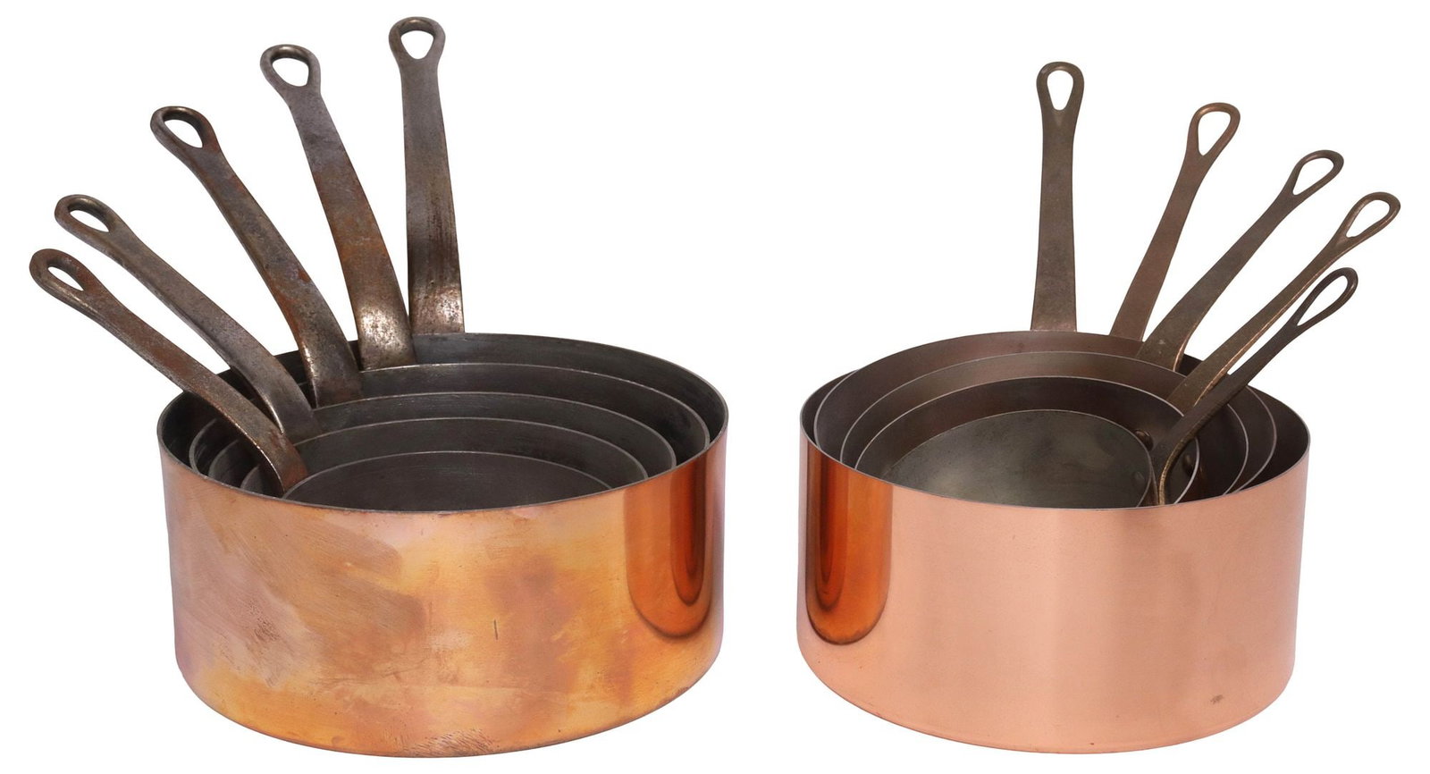 (10) FRENCH GRADUATED COPPER SAUCEPANS, 5 LES METAUX OUVRES: (lot of 10) French graduated copper saucepans, in two sets, comprising: (5) Les Metaux Ouvres, maker's mark at side, largest: approx 7"h, 12"w, 7"d, smallest: approx 3.75"h, 7"w, 4"d; (5) unmarked,