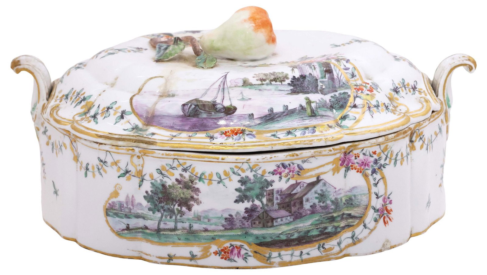 VIENNESE DU PAQUIER-STYLE PARCEL-GILT PORCELAIN TUREEN & COVER: Viennese hand-painted porcelain tureen and cover, in the manner of Claudius Innocentius Du Paquier (active 1718-1744), 19th c., gently domed cover with pear-form finial, and lobed basin with