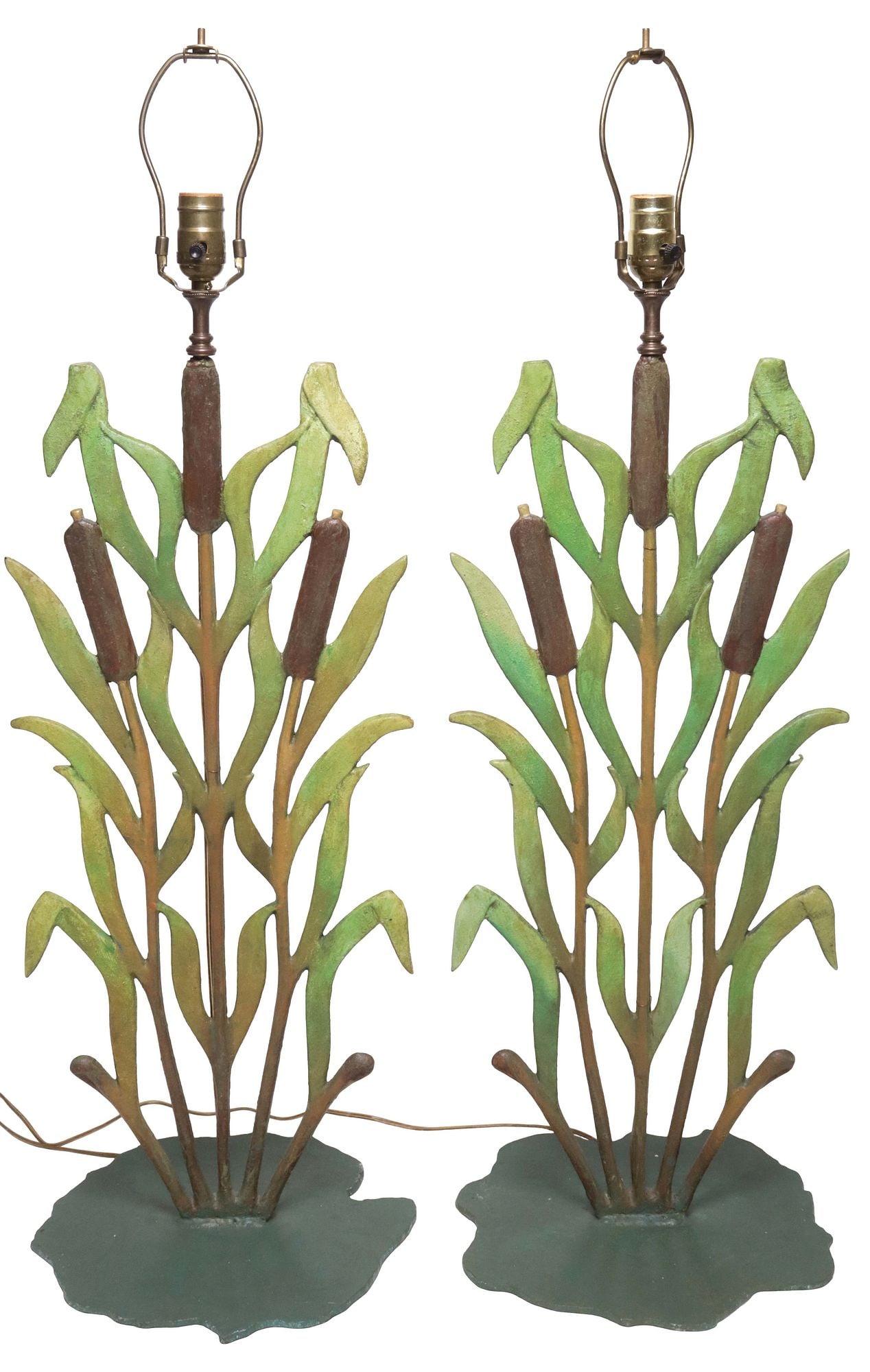 (2) LARGE CAST IRON PAINTED CATTAIL 1-LIGHT TABLE LAMPS, 31.5"H: (pair) Large cast iron paint-decorated single-light table lamps, 20th c., each in the form of a cattail plant, terminating on abstract flat base, observed operating, approx 31.5"h, 12"w, 11"d, 37lbs