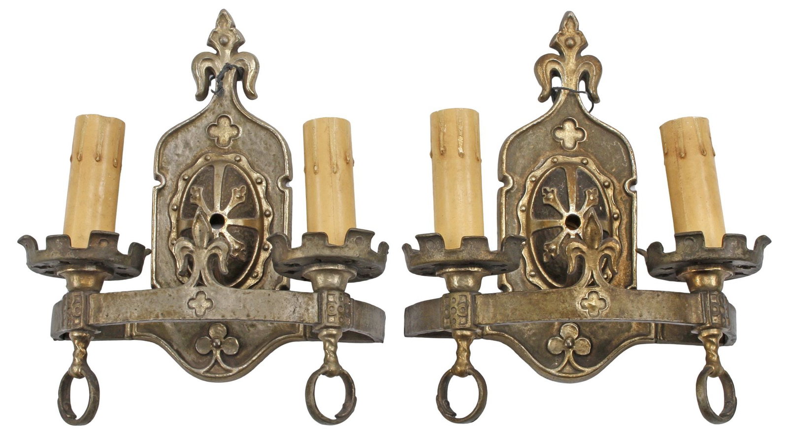 (2) TUDOR STYLE SILVER-TONE METAL 2-LIGHT FAUX CANDLE WALL SCONCES (1 of 4)