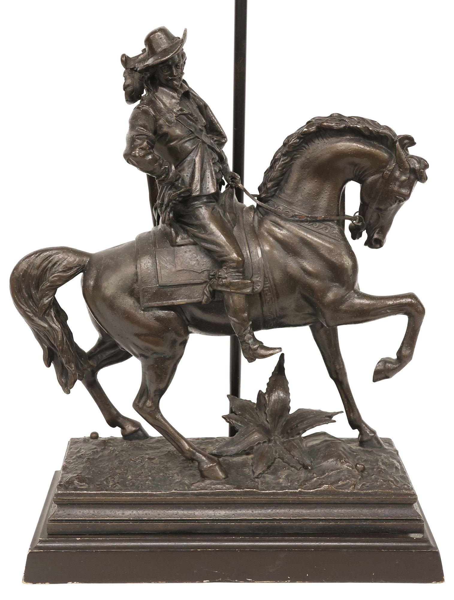 PATINATED SPELTER FIGURAL CAVALIER ON HORSEBACK 2-LIGHT TABLE LAMP (1 of 6)