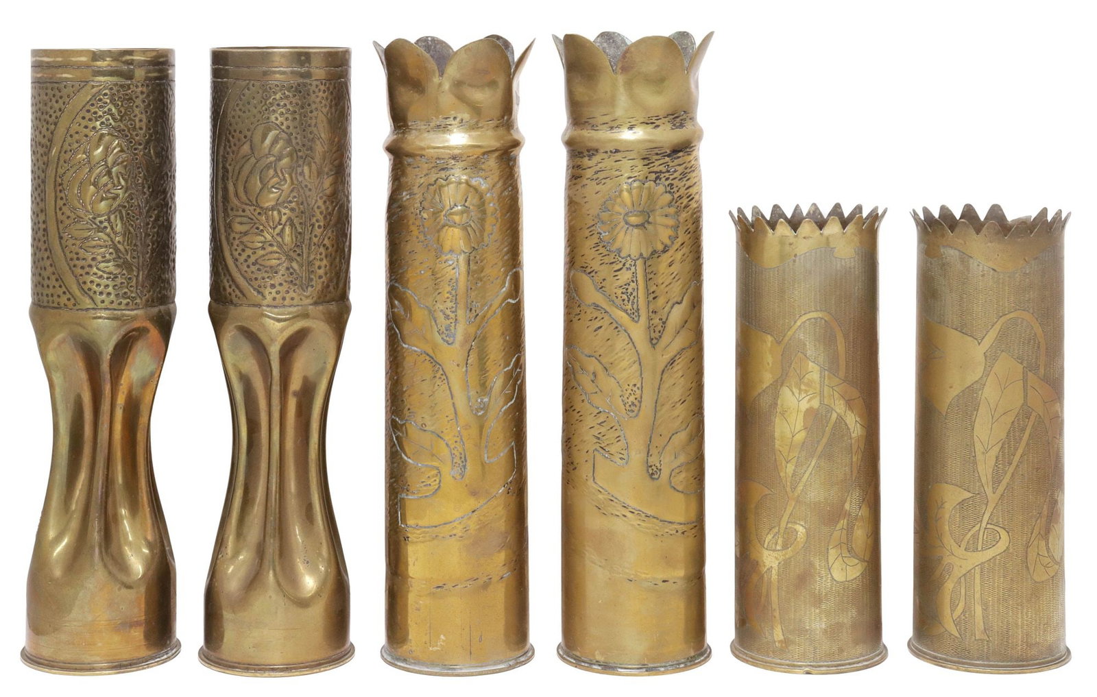 (6) FRENCH WWI-ERA TRENCH ART ARTILLERY SHELL VASES: (lot of 6) French WWI-era trench art vases, fashioned from artillery shells, including: (pair) having flared top, (pair) with incised daisy motif, (pair) with waisted stem, largest: approx 13.5"h, 3.2