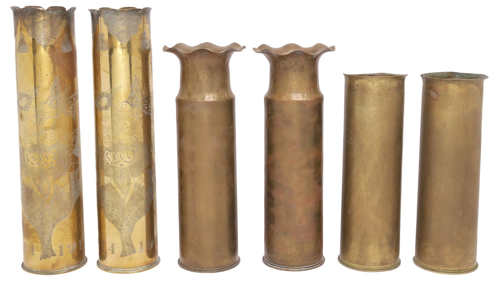 (6) FRENCH WWI-ERA TRENCH ART ARTILLERY SHELL VASES: (lot of 6) French WWI-era trench art vases, fashioned from artillery shells, including: (pair) respectively inscribed "Verdun" and "Marne," (pair) with incised vinework motifs, (pair) with flared