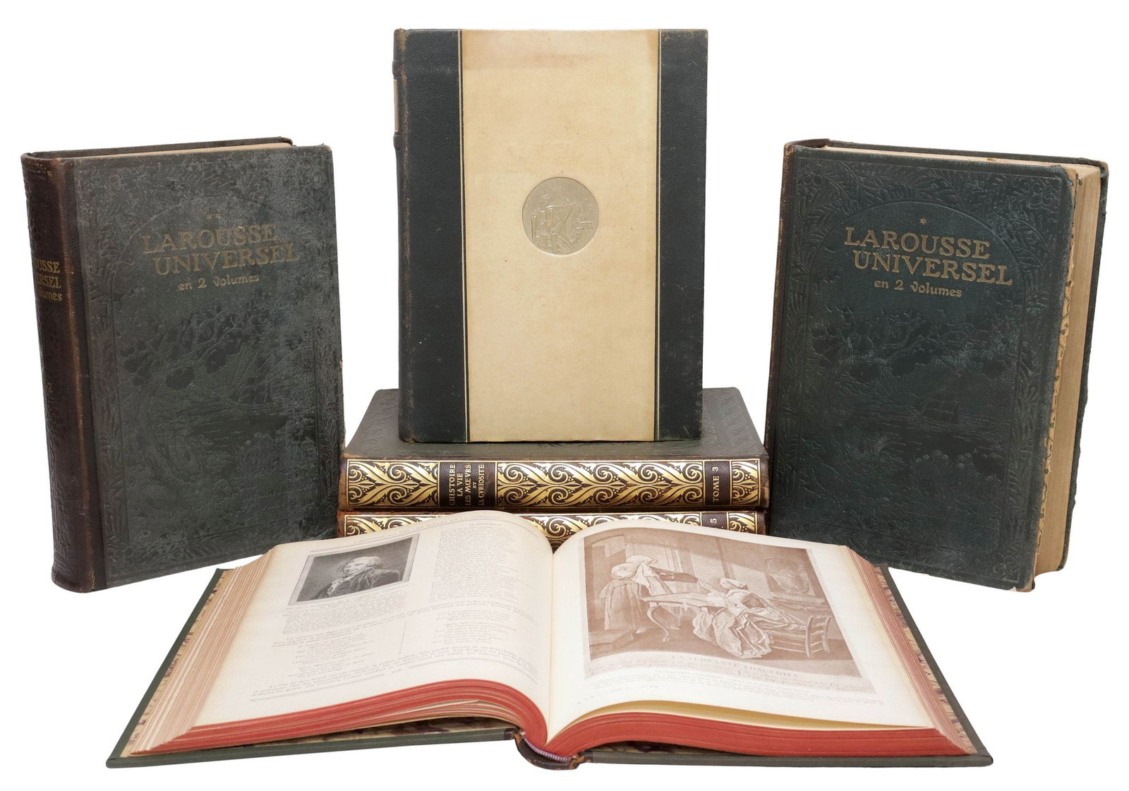 (6) FRENCH LEATHER-BOUND LIBRARY SHELF REFERENCE BOOKS, 3 LAROUSSE: (lot of 6) French library shelf books, all with gilt-embossed leather binding, including: (3) "L'Histoire La Vie Les Moeurs et La Curiosite (History, Life, Customs, and Curiosities)," published by