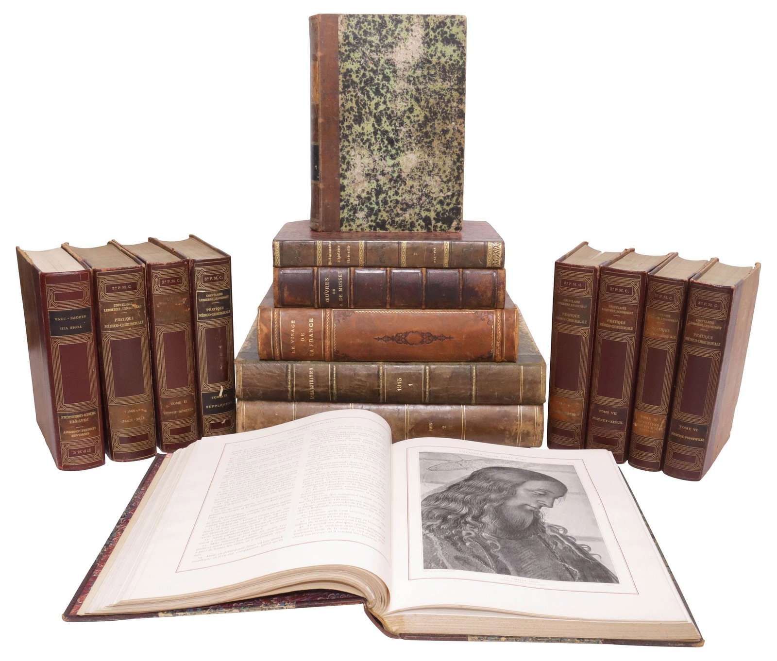 (15) LARGE FRENCH LEATHER-BOUND LIBRARY SHELF BOOKS, NON-FICTION (1 of 3)