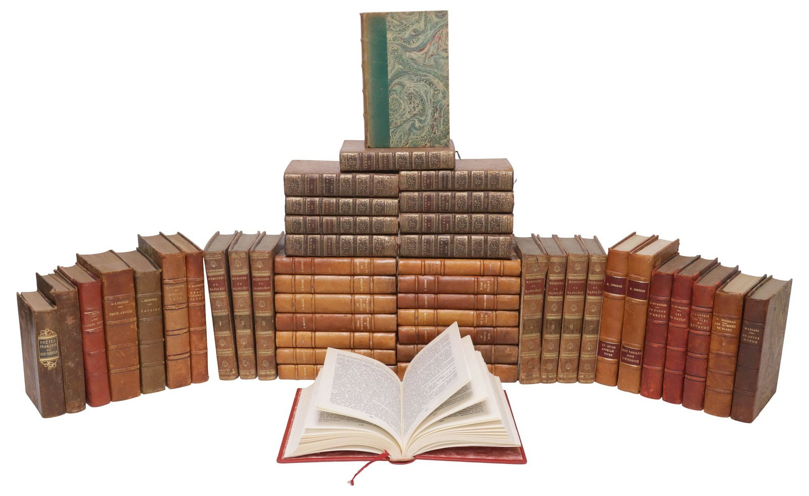 (46) FRENCH LEATHER-BOUND LIBRARY SHELF BOOKS, MANY ANTIQUE (1 of 4)