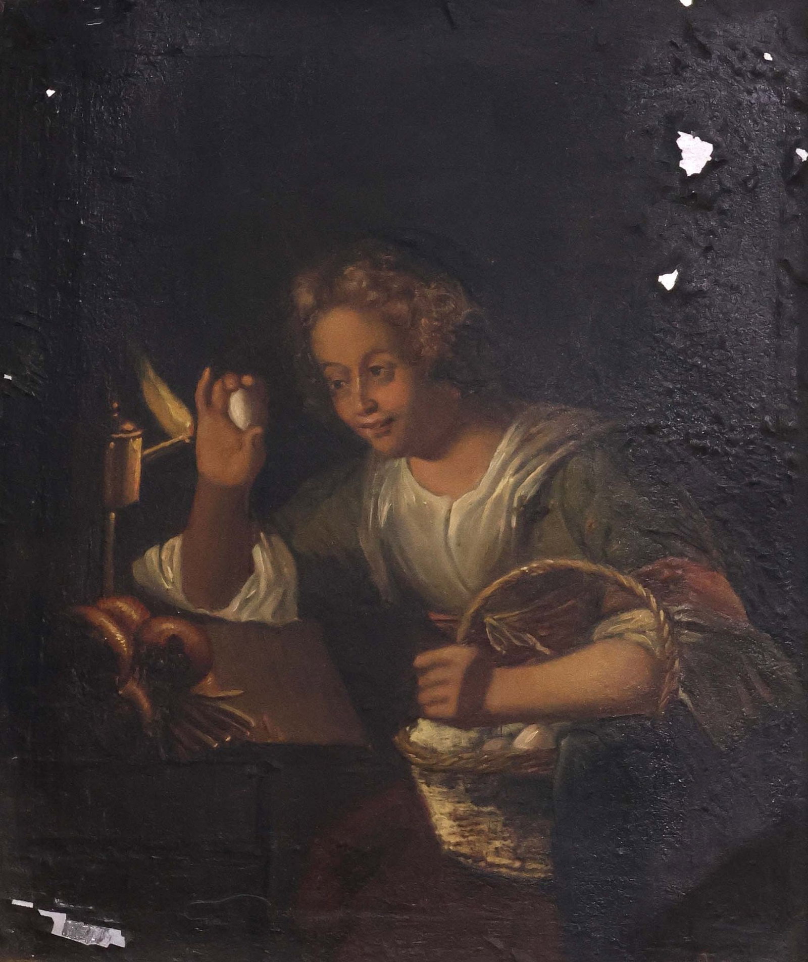 AFTER GODFRIED SCHALCKEN (DUTCH, D.1706) PRINT ON METAL, THE EGG CHECKER: Framed chromolithograph laid on metal, "La Bonne Menagere (The Good Housekeeper)," after Godfried Schalcken (Dutch, 1643-1706), print flaking at lower left and upper right corner, sight: approx