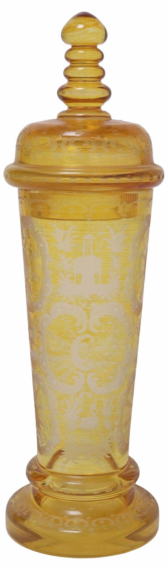 BOHEMIAN ENGRAVED AMBER GLASS COVERED JAR (1 of 6)