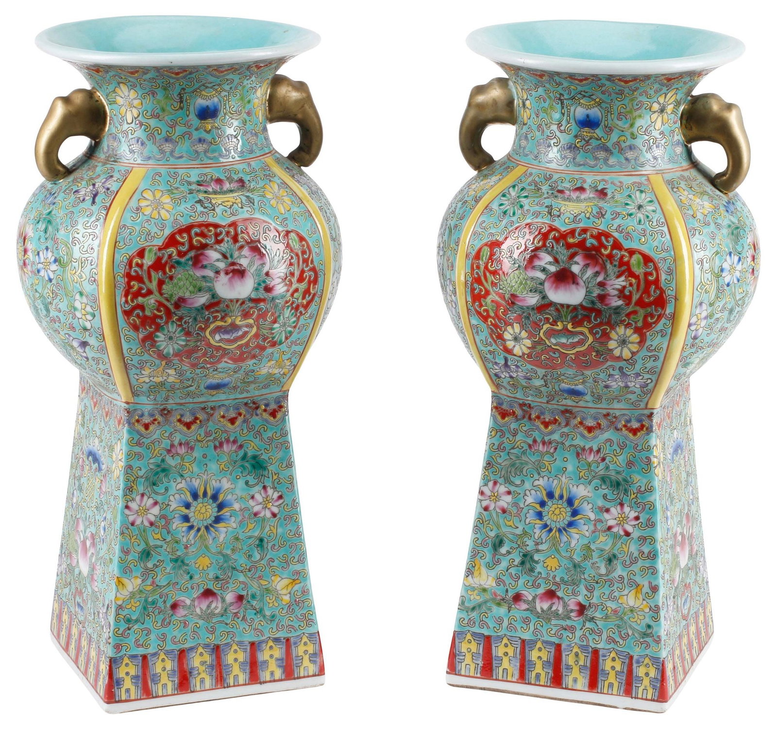 (2) CHINESE FAMILLE ROSE TEAL-GROUND ENAMELED PORCELAIN VASES (1 of 5)