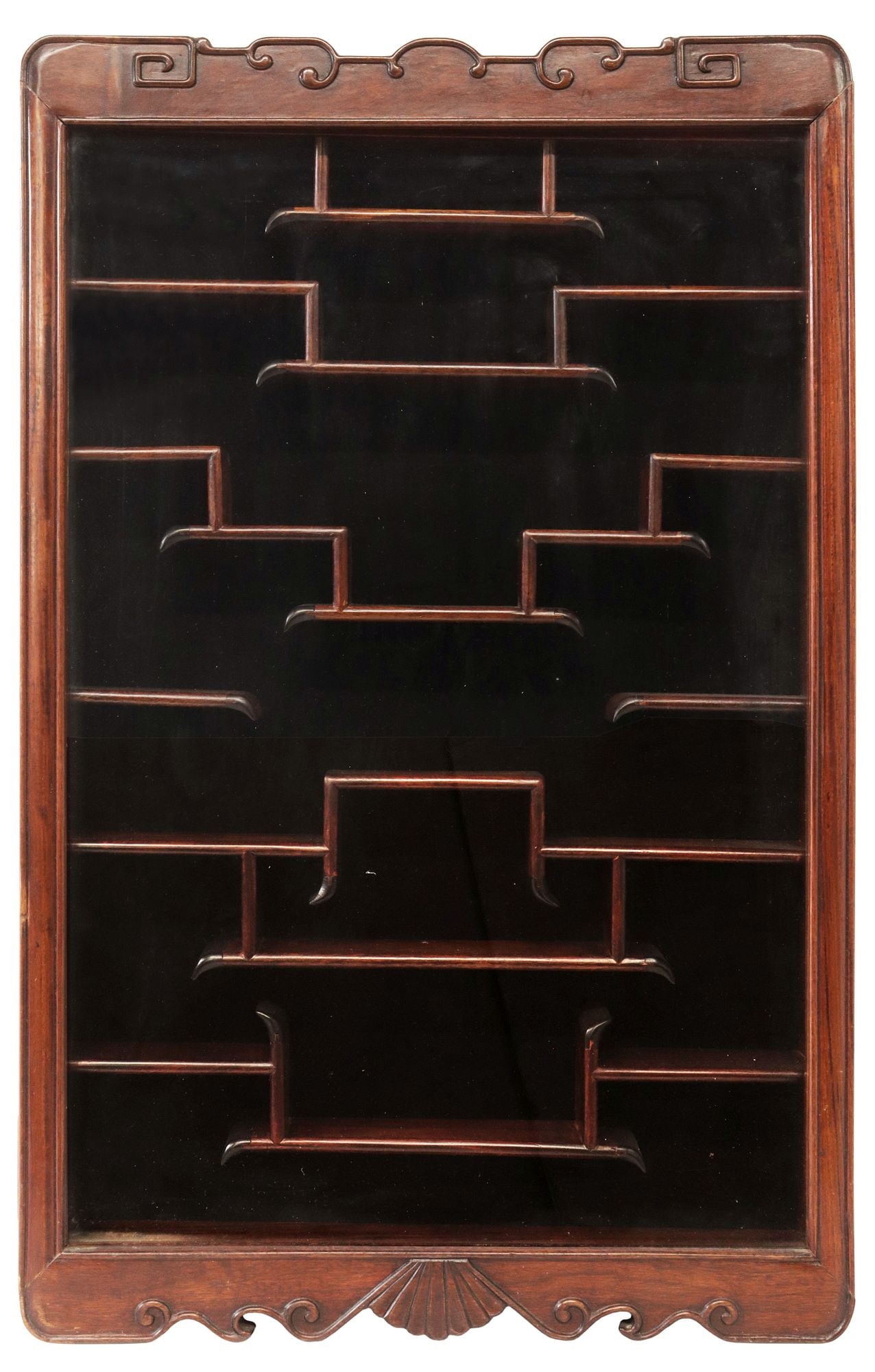 CHINESE ROSEWOOD HANGING CURIO DISPLAY CABINET: Chinese rosewood hanging display cabinet, fan and scroll frame, encasing glass panel, opening to tiered shelving, approx 31.75"h, 20.25"w, 4 1/8"d, 21.75lbs **Provenance: Dallas, Texas: When the madne