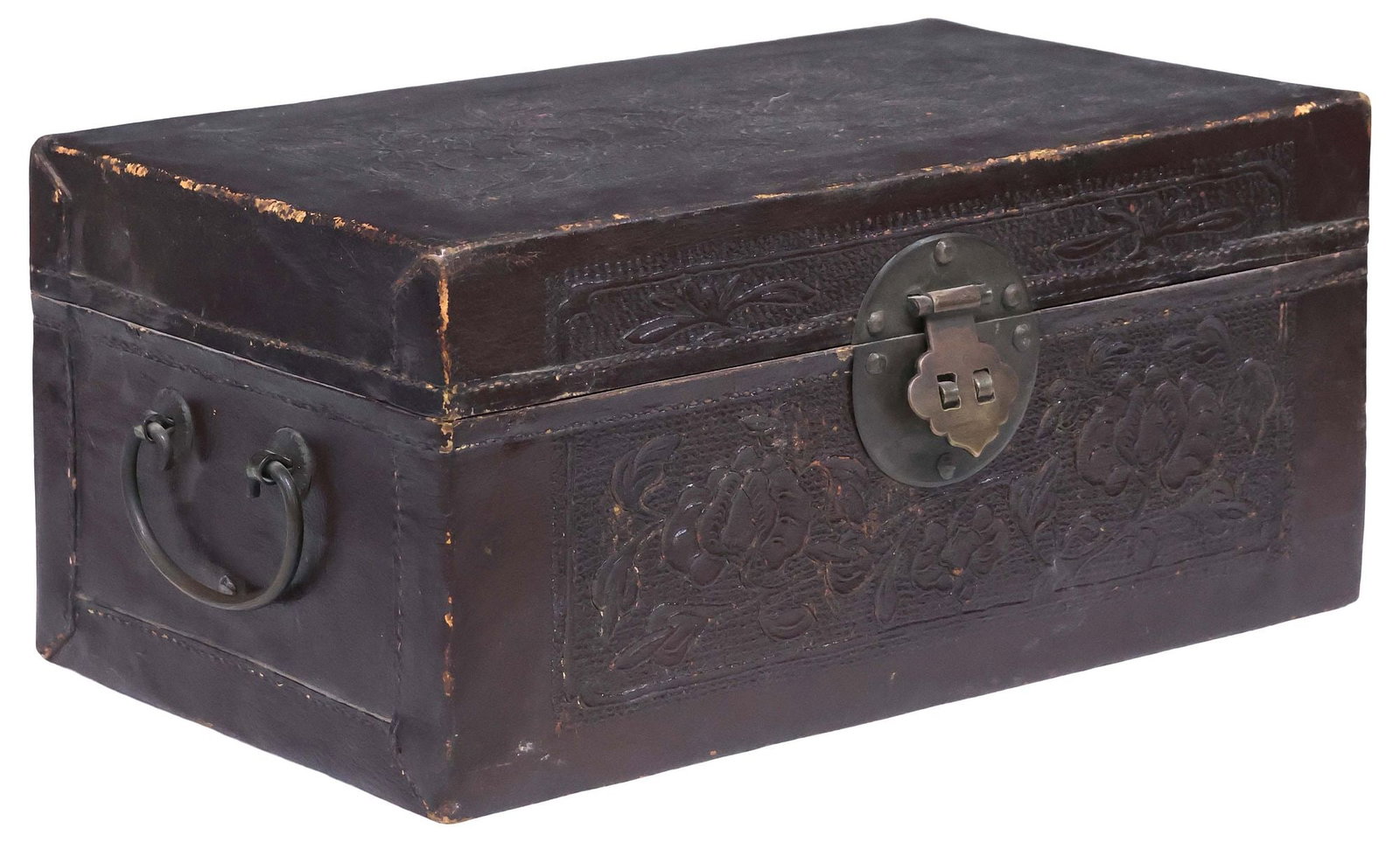 ANTIQUE CHINESE PAINTED & EMBOSSED LEATHER-CLAD TABLE BOX: Chinese leather-clad table box, early 20th c., likely late Qing dynasty, in a deep burgundy painted finish, embossed and chased with pheasant and floral motifs, dual metal handles at sides, hinged lid