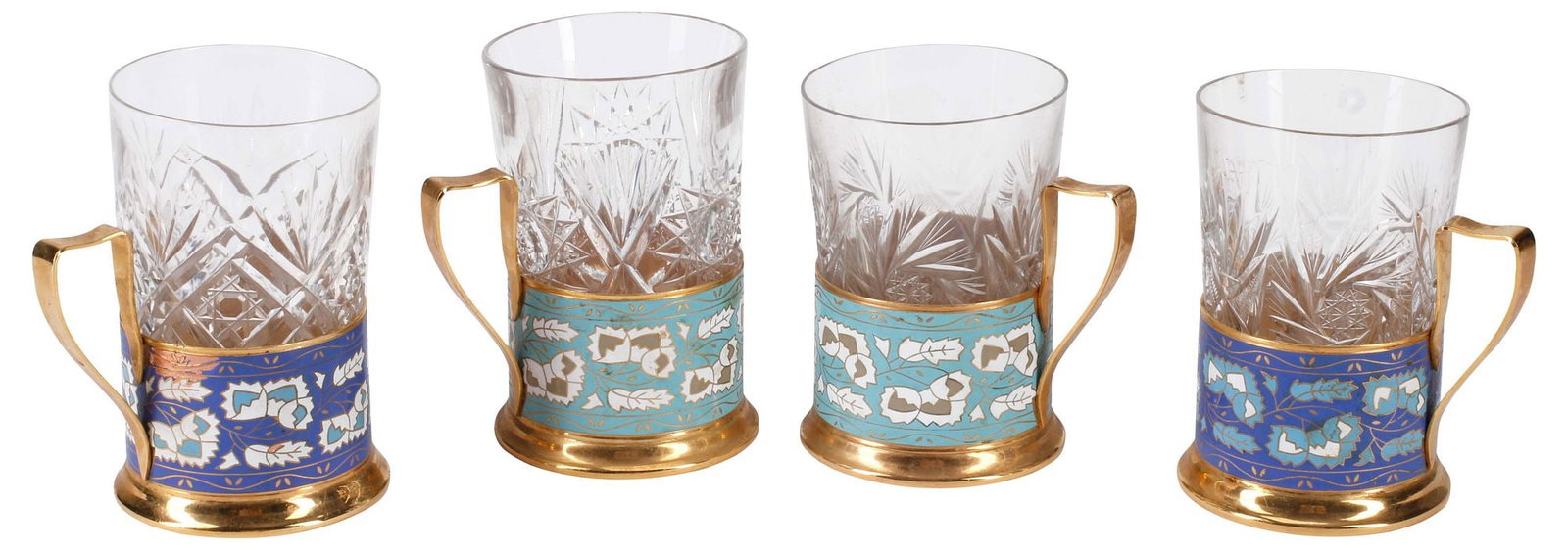 (4) RUSSIAN CUT CRYSTAL & ENAMELED BRONZE TEA GLASSES / CUPS: (lot of 4) Russian cut-crystal and enameled bronze tea glasses, decorated with stylized foliate motifs, bronze marked in Cyrillic script underfoot, approx 5"h, 4"w, 3"d, 3.25lbs total