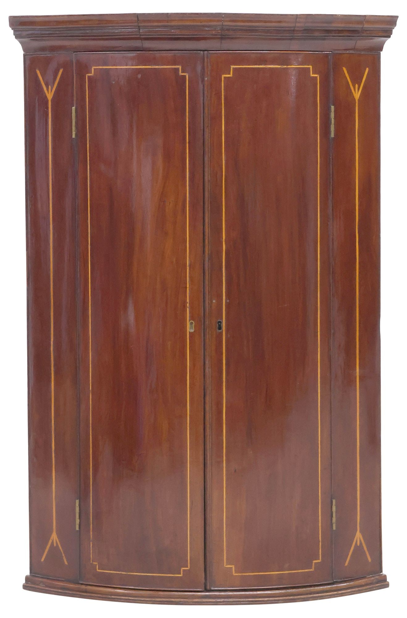 ENGLISH GEORGIAN PERIOD INLAID MAHOGANY WALL-MOUNTED CORNER CABINET (1 of 3)
