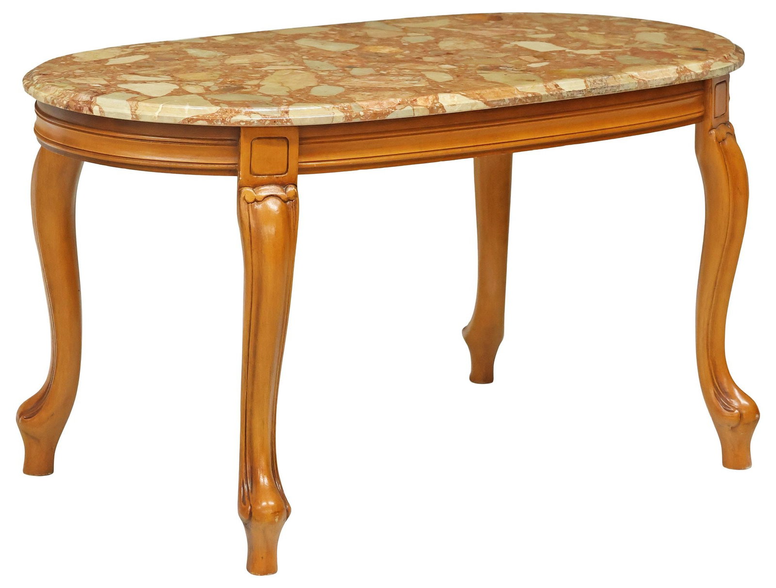 LOUIS XV STYLE MARBLE-TOP FRUITWOOD COFFEE TABLE: Louis XV style fruitwood coffee table, 20th c., having oval marble top, cabriole legs ending on whorl feet, marble in a sealant finish, approx 17.75"h, 33.5"w, 17.5"d