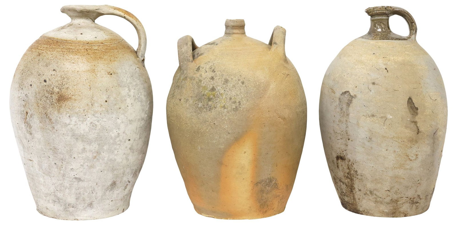 (3) FRENCH PROVINCIAL STONEWARE VESSELS, PITCHERS & OIL JUG: (lot of 3) French Provincial stoneware vessels, including: (2) pitchers, with pinched rim and rolled top handle, (1) oil jug, with narrow spout and dual handles, largest: approx 14.5"h, 9"diam,