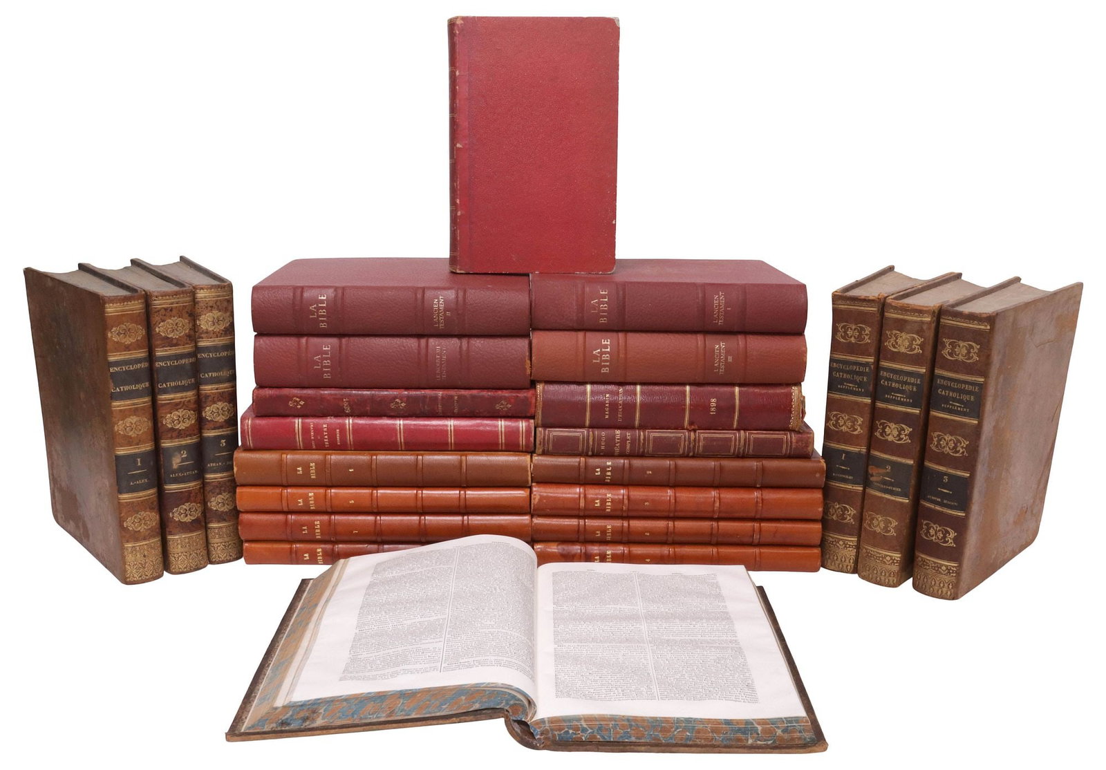 (24) FRENCH LEATHER-BOUND LIBRARY SHELF BOOKS, THEATER & RELIGION (1 of 3)