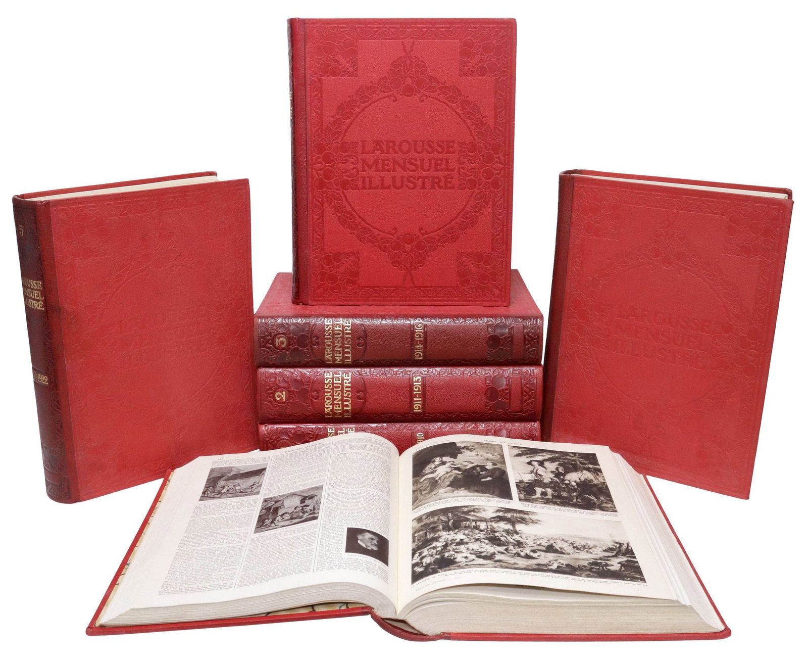 (7) FRENCH LEATHER-BOUND LIBRARY SHELF BOOKS, LAROUSSE MONTHLY (1 of 2)