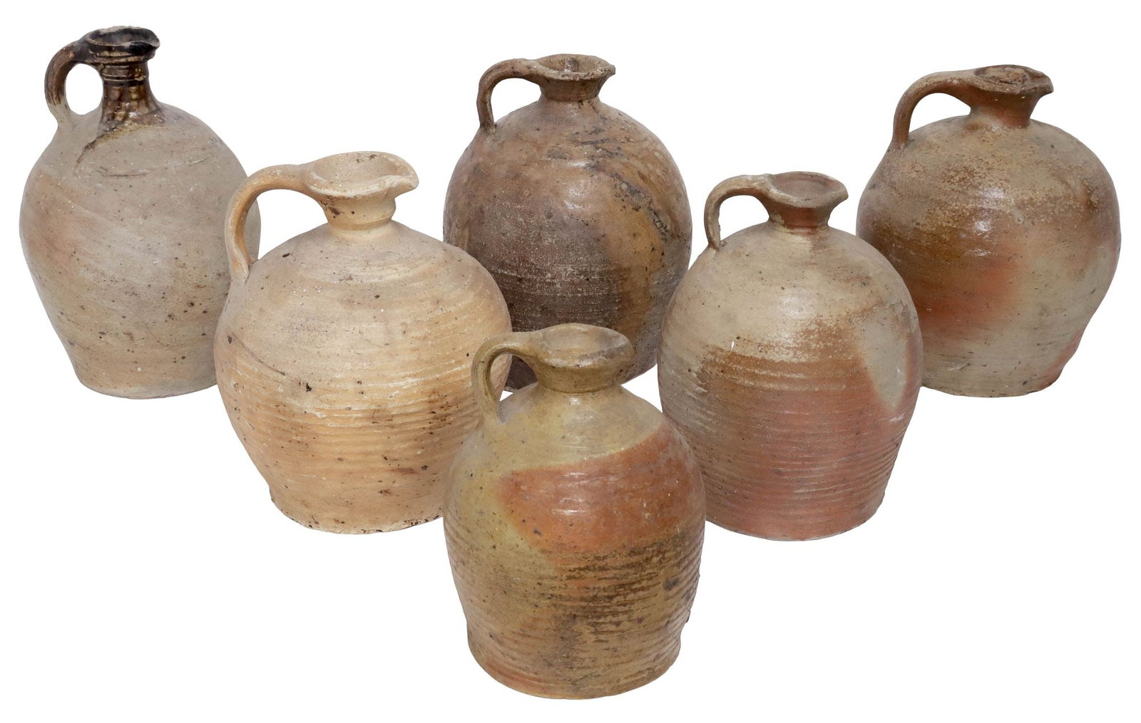 (6) SMALL FRENCH PROVINCIAL STONEWARE PITCHERS: (lot of 6) French Provincial stoneware pitchers, each with pinched spout and single handle, largest: approx 8.25"h, 6.25"diam, 16.5lbs total