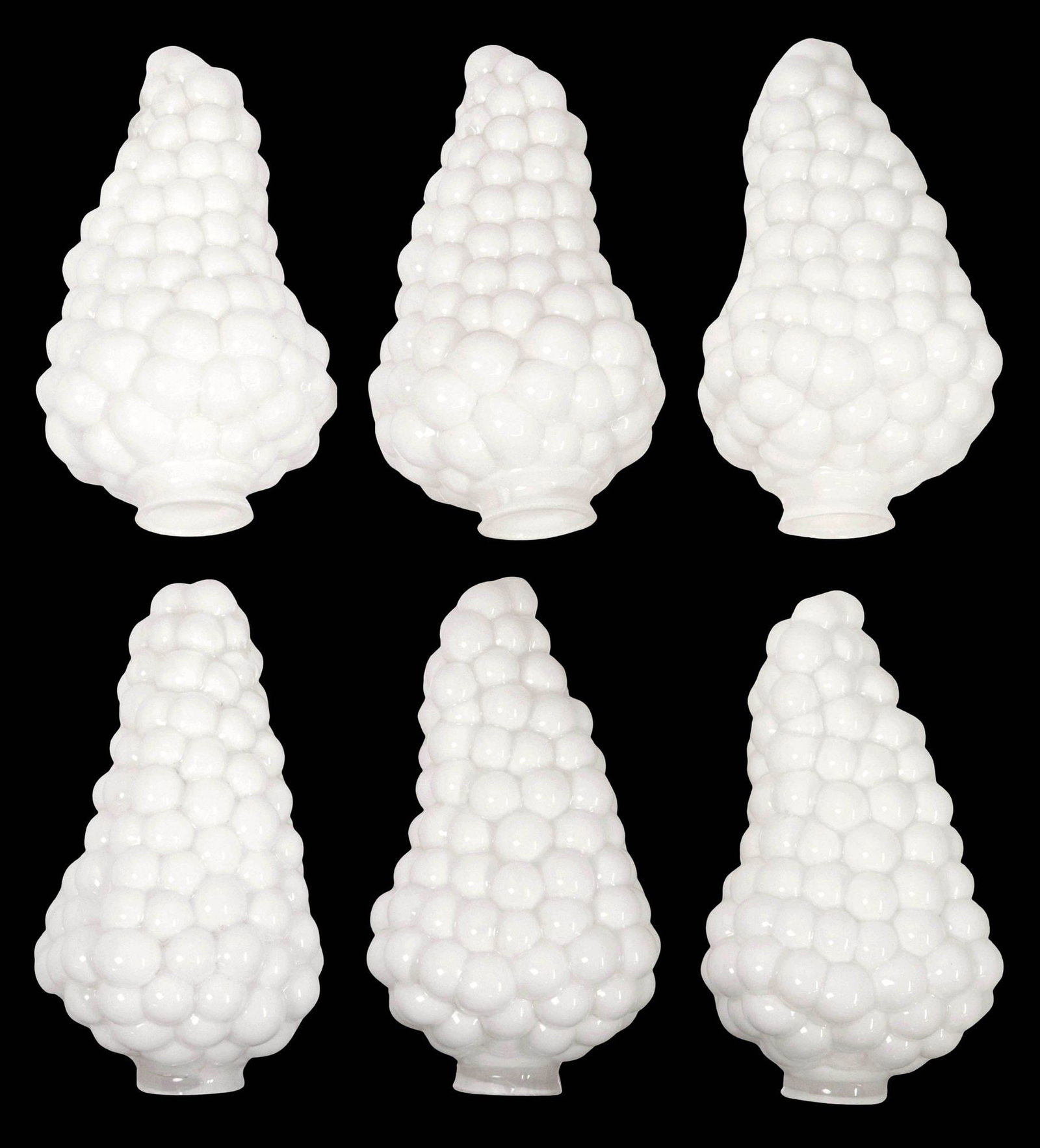 (6) MILK GLASS GRAPE CLUSTER LAMP SHADES: (lot of 6) Milk glass pendant lamp shades, 20th c., in the form of grape clusters, approx 8.5"h, 4.5"w, 5"d, 8.5lbs total