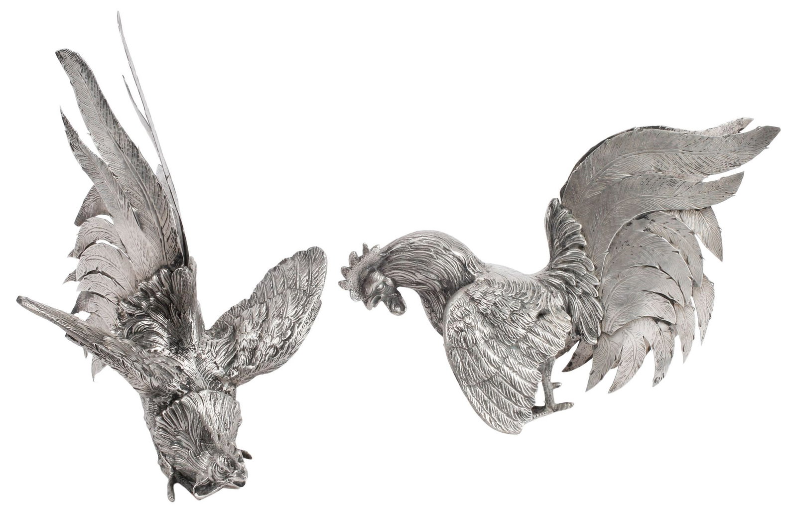 (2) LARGE SILVERED BRONZE FIGURES OF FIGHTING ROOSTERS, 18"H (1 of 4)