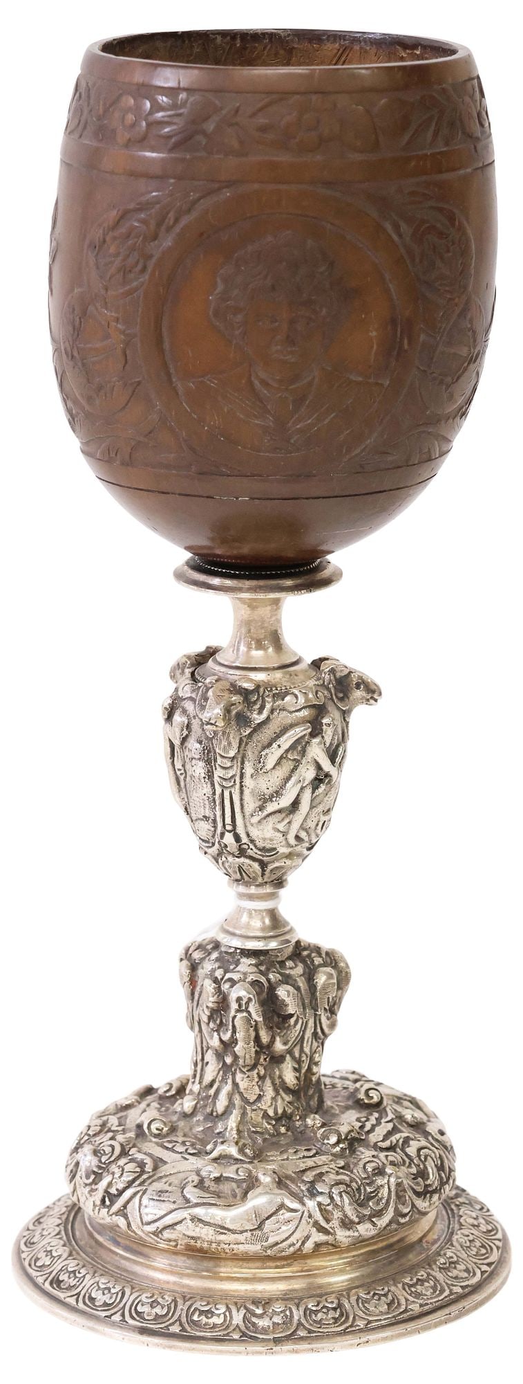 CARVED COCONUT CUP / GOBLET ON ELKINGTON-STYLE SILVERPLATE BASE (1 of 6)