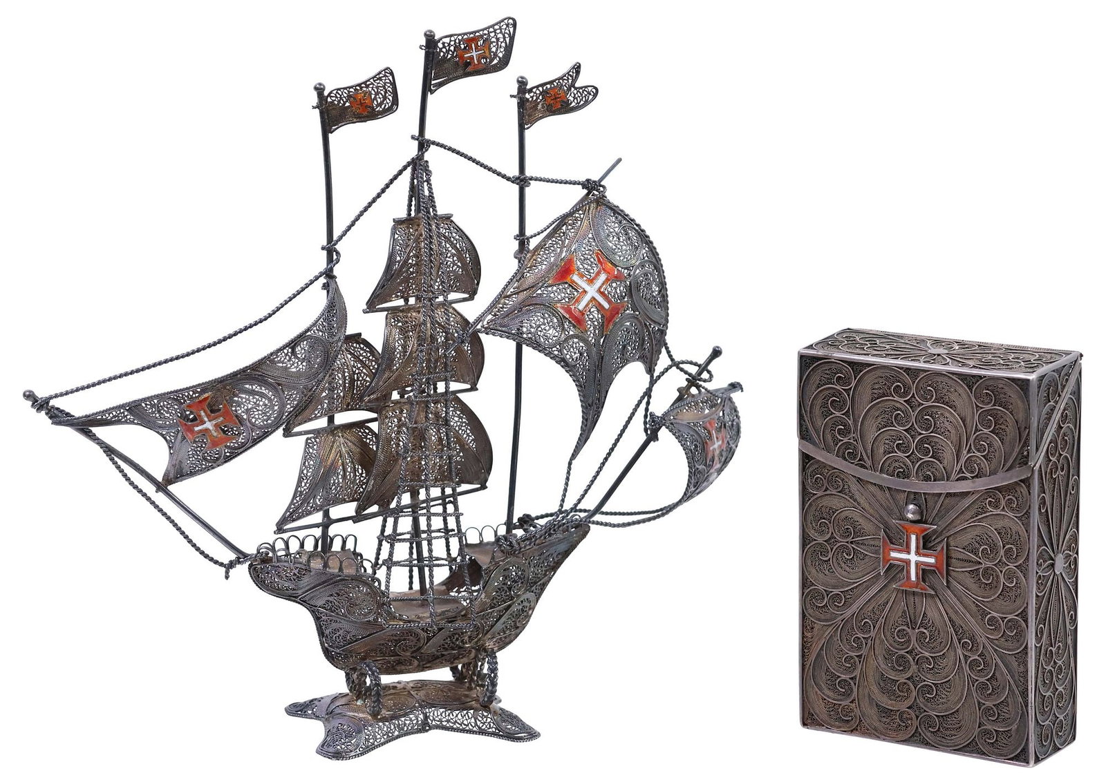 (2) FINE PORTUGUESE ENAMELED SILVER FILIGREE SAILING SHIP MODEL & CARD CASE: (lot of 2) Fine Portuguese silver filigree table articles, each having red and white enameled Maltese cross motifs, on intricate scrolled ground, including: (1) sterling silver card box or cigarette c
