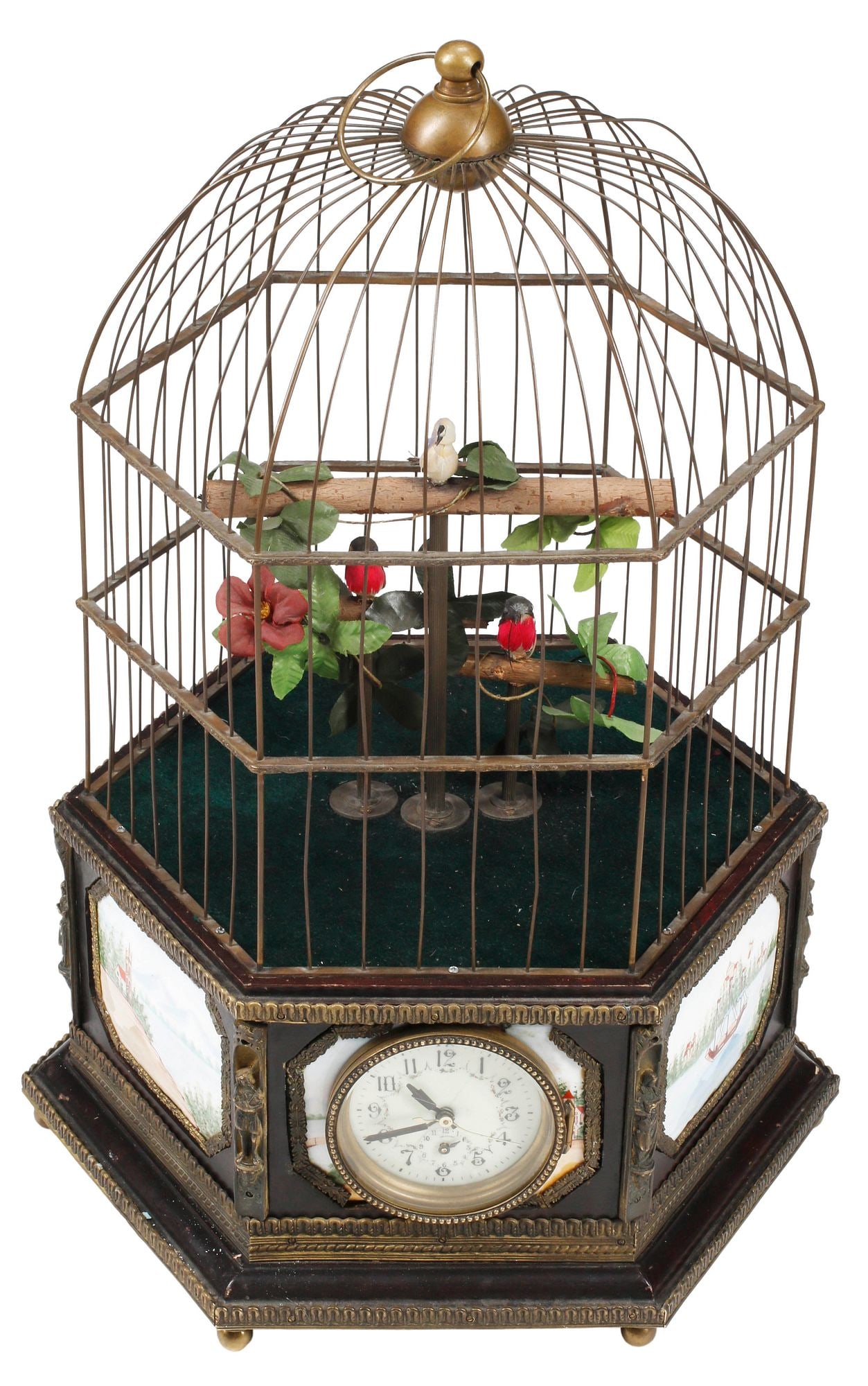 LARGE SINGING BIRDCAGE AUTOMOTON WITH INSET CLOCK & PORCELAIN PLAQUES (1 of 5)