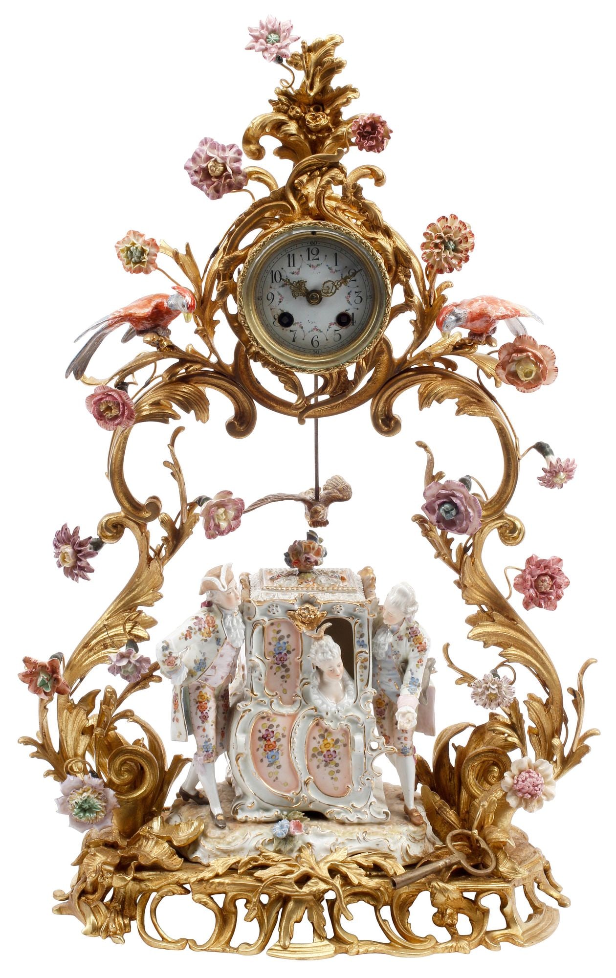 LARGE LOUIS XV STYLE ORMOLU & PORCELAIN MANTEL CLOCK, 24"H (1 of 10)