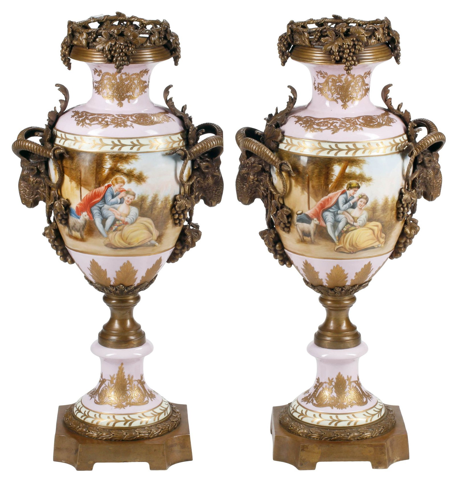 (2) LARGE SEVRES STYLE RAM'S HEAD MOUNTED PORCELAIN VASES, 36"H (1 of 6)
