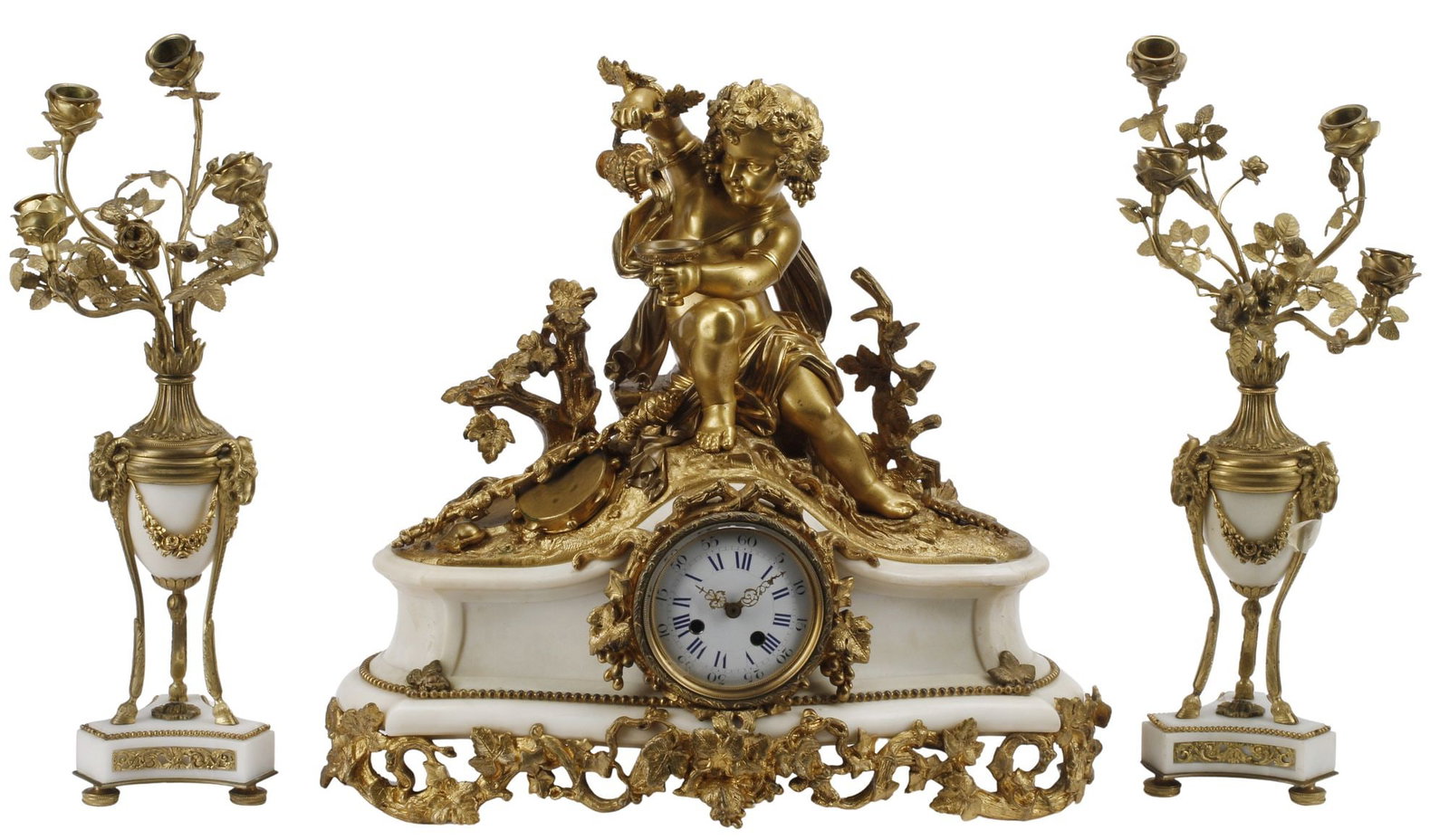 (3) FRENCH LOUIS XVI STYLE ORMOLU-MOUNTED MARBLE CLOCK & CANDELABRA GARNITURE SET (1 of 6)