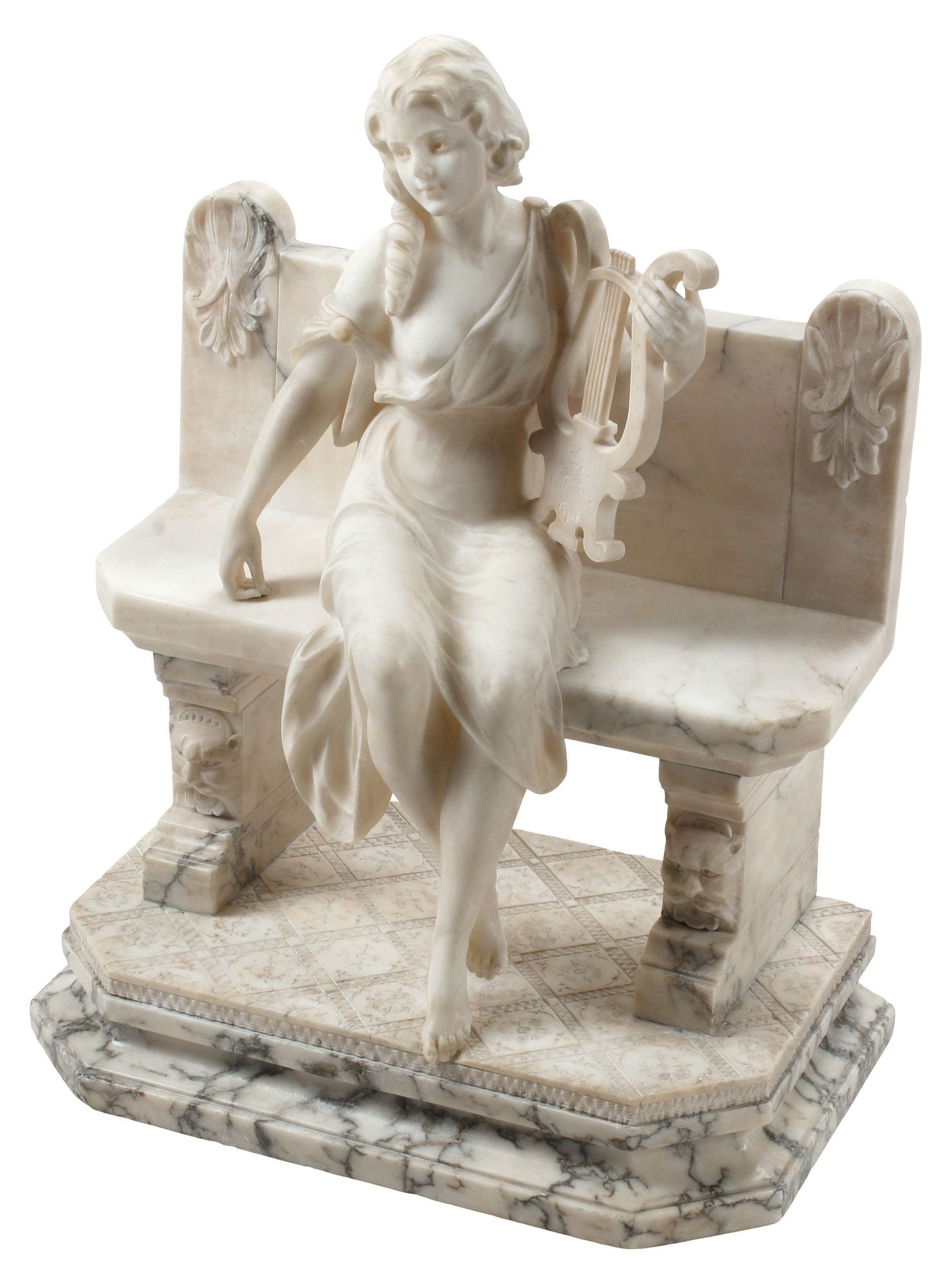 LARGE CIPRIANO CIPRIANI (19TH C.) CARVED STONE SCULPTURE, SEATED WOMAN WITH LYRE, 25"H (1 of 9)