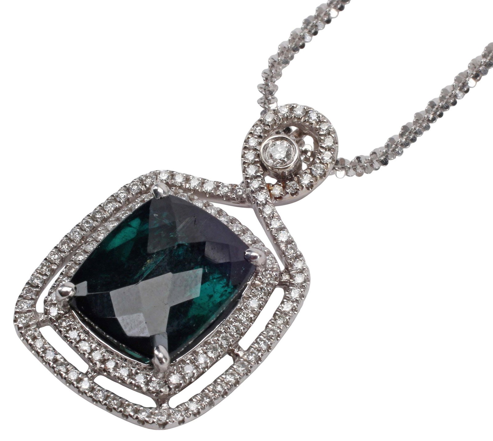 ESTATE WHITE GOLD, DIAMOND & GREEN TOURMALINE PENDANT NECKLACE: Estate 18kt white gold (tested) and tourmaline pendant, faceted green tourmaline, approx 7.40cts, in tiered rectangular frame, set with numerous small round-cut diamonds, approx 0.75cttw, average colo