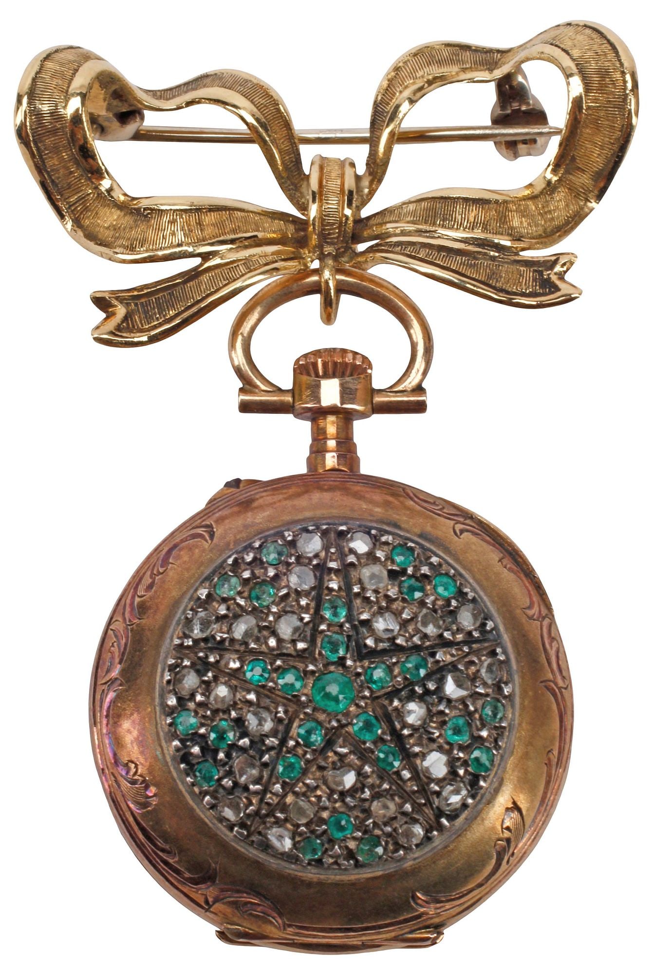 ESTATE DIAMOND & 18KT YELLOW GOLD CASED PENDANT WATCH ON BOW BROOCH (1 of 5)