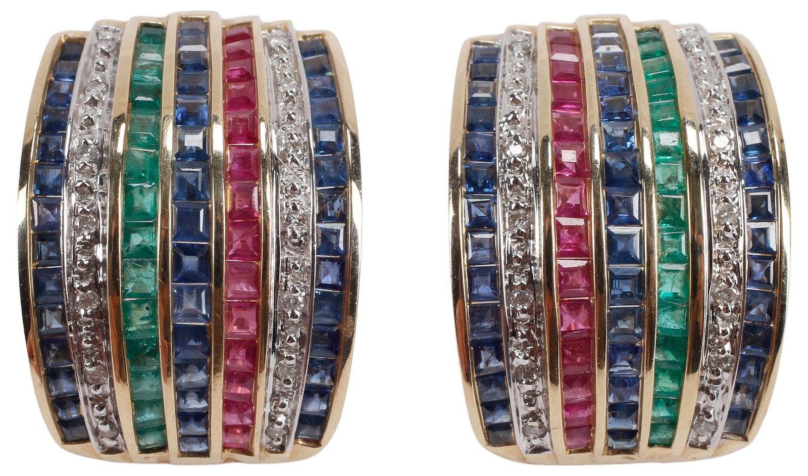 ESTATE 14KT YELLOW GOLD, DIAMOND & GEMSTONE HALF HOOP EARRINGS: Estate 14kt yellow gold and multi-gemstone half-hoop earrings, each having arched frame set with numerous small round-cut diamonds, approx 0.15cttw, average color: H-I, average clarity: SI, divided by