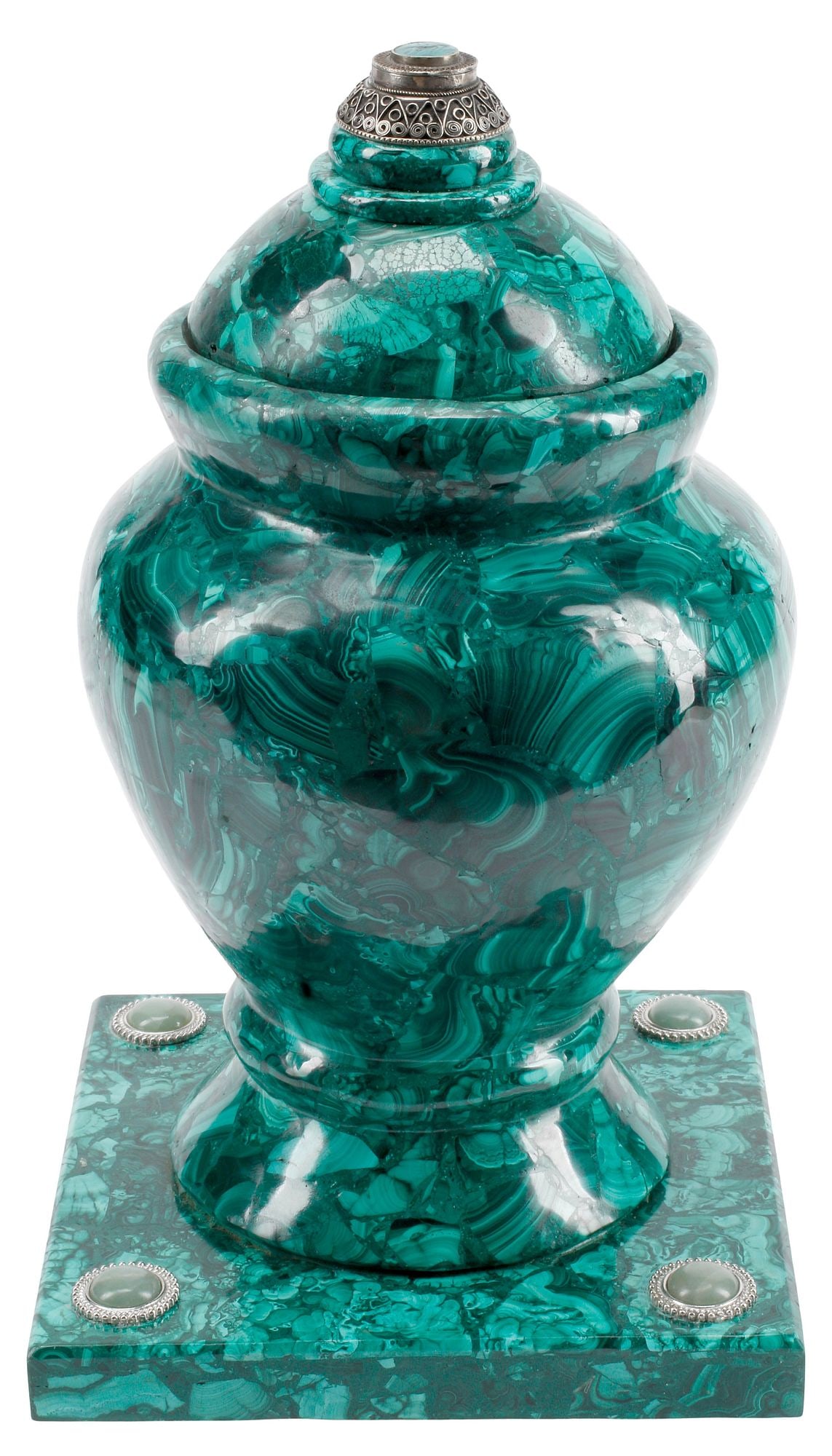 JEWELED MALACHITE URN WITH FILIGREE COVER, 14.5"H (1 of 5)