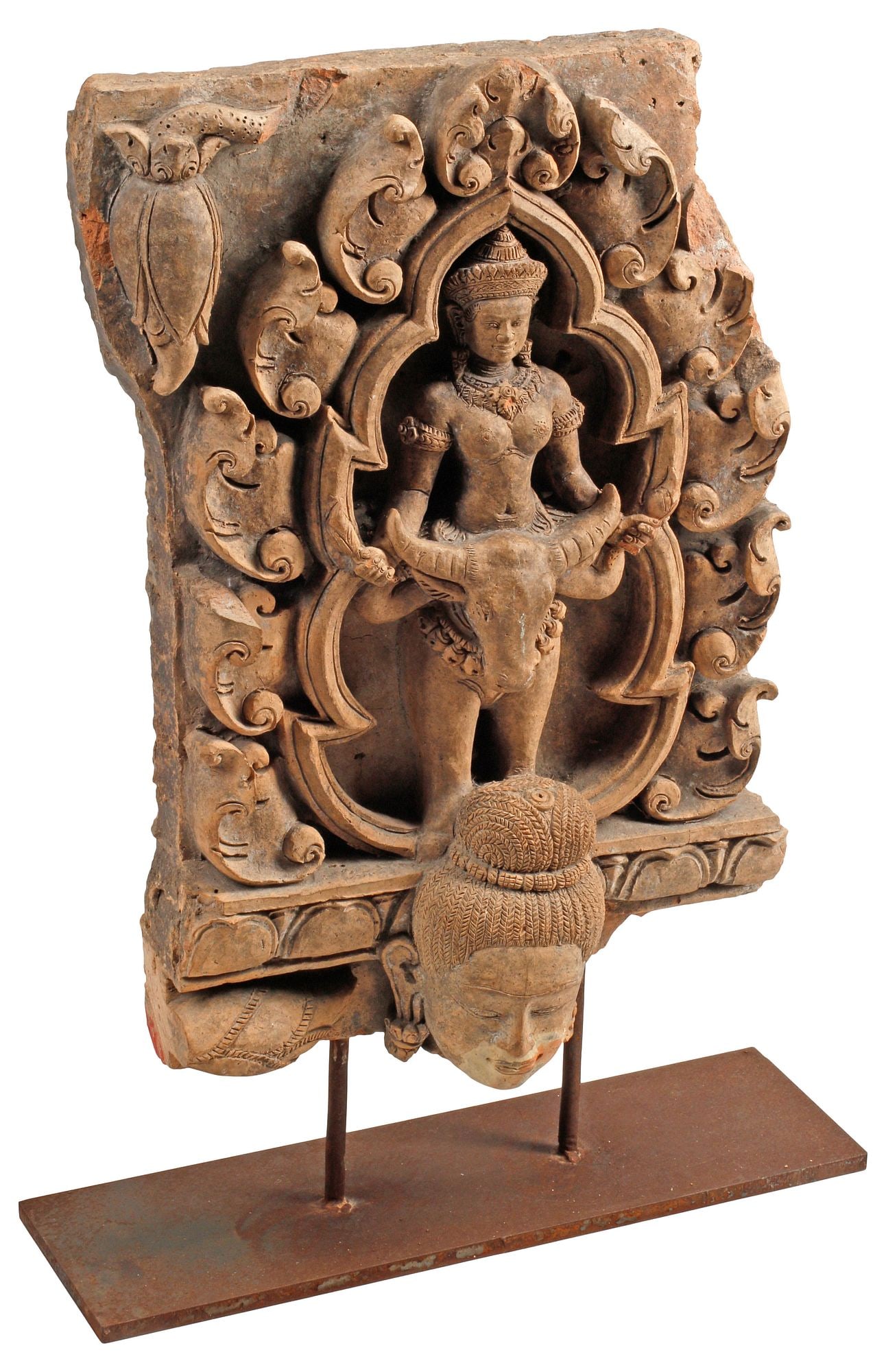 LARGE ASIAN TERRACOTTA FRAGMENT ON IRON DISPLAY STAND: Asian terracotta fragment after the antique, on an iron display stand, overall: approx 29"h, 20.5"w, 7"d, 71lbs 